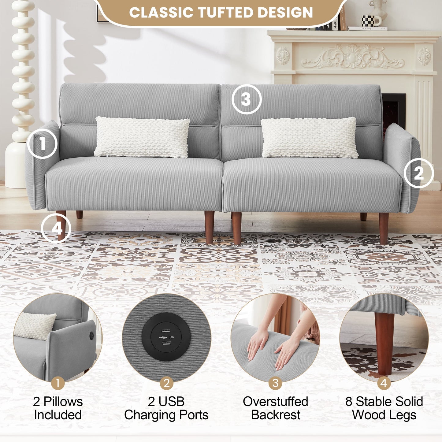 Aukfa 81in Oversized Futon Convertible Sofa Bed with USB Port for Living Room, 2 Pillows, Gray