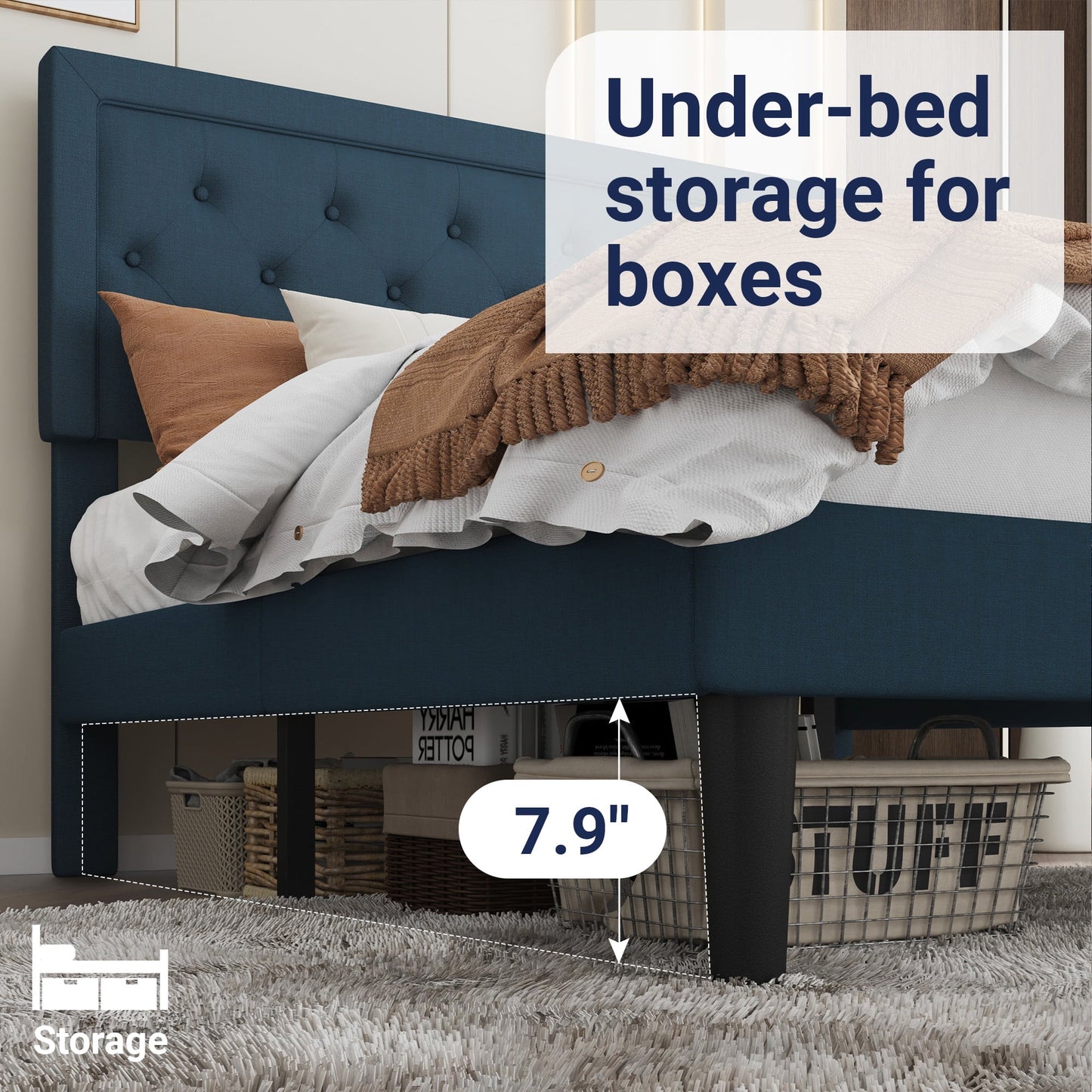 Allewie King Size Bed Frame Upholstered Platform Bed with Adjustable Headboard, Box Spring not Needed, Blue