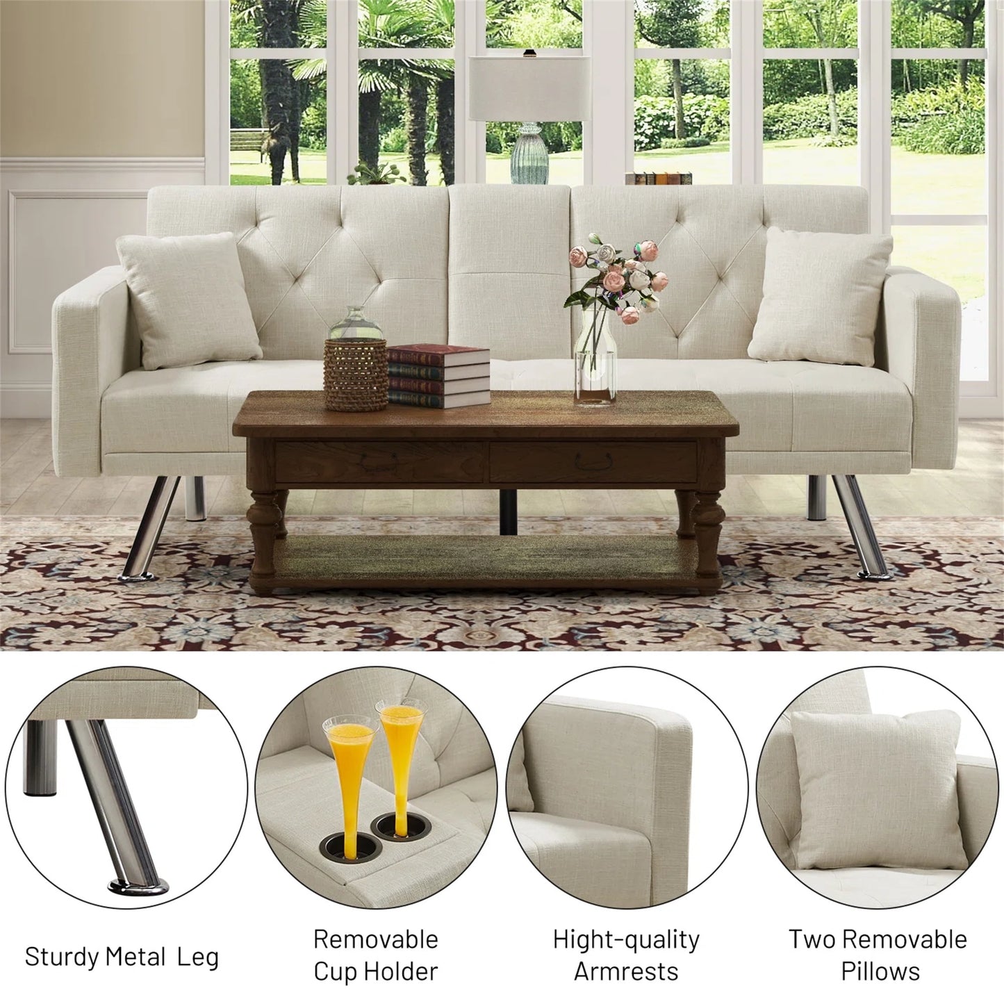 Aukfa 75in Tufted Futon Convertible Sofa Bed, Arm Couch for Home Office, 2 Pillow&Cup Holder, Beige