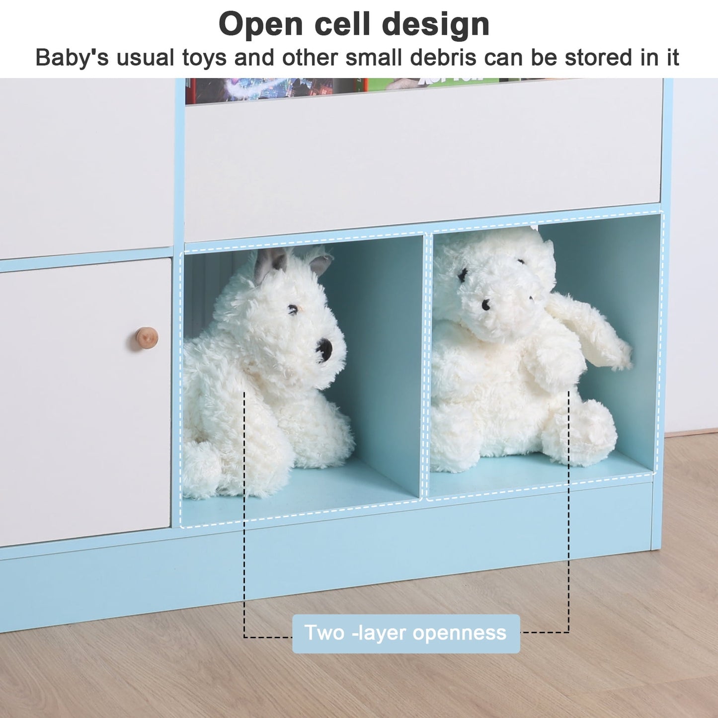 Happydeer Kids Bookshelf, Multifunctional Bookcase with 4-Tiers Book Slots, 3 Open Shelves and 2 Drawers, Bookcase Display Stand, Toy Storage Organizer for Bedroom, Playroom, Hallway, Blue