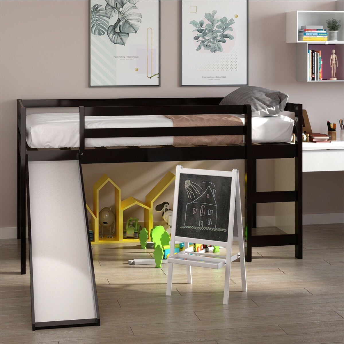 Gymax Twin Size Loft Bed with Slide Wood Low Sturdy Loft Bed for Kids Bedroom Espresso