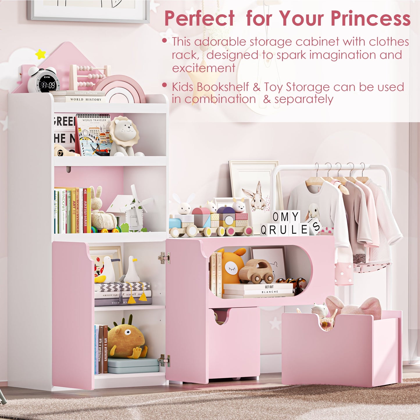 Homfa Kids Pink Bookshelf and Toys Organizer with Drawers, Combi Toy Storage with Clothes Rail for Kids Room