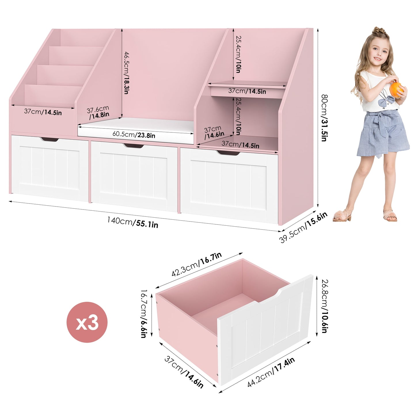 Homfa Kids Bookshelf with Reading Nook & 3 Movable Drawers, 2 Cube Bookcase with 4-Tier Book Racks, Toy Storage Organizer for Playroom Bedroom, Pink