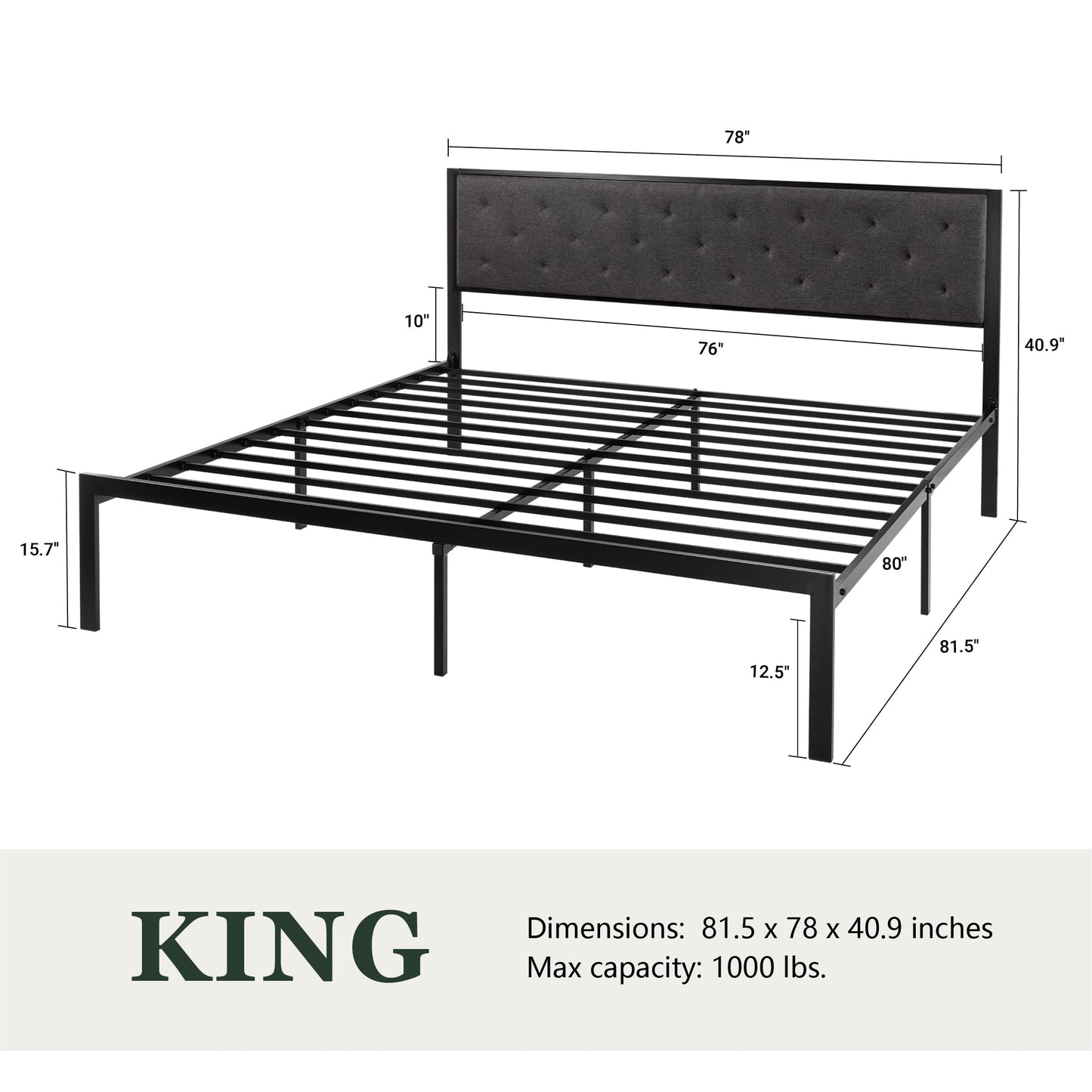 Amolife King Size Metal Bed Frame with Upholstered Headboard, Dark Grey
