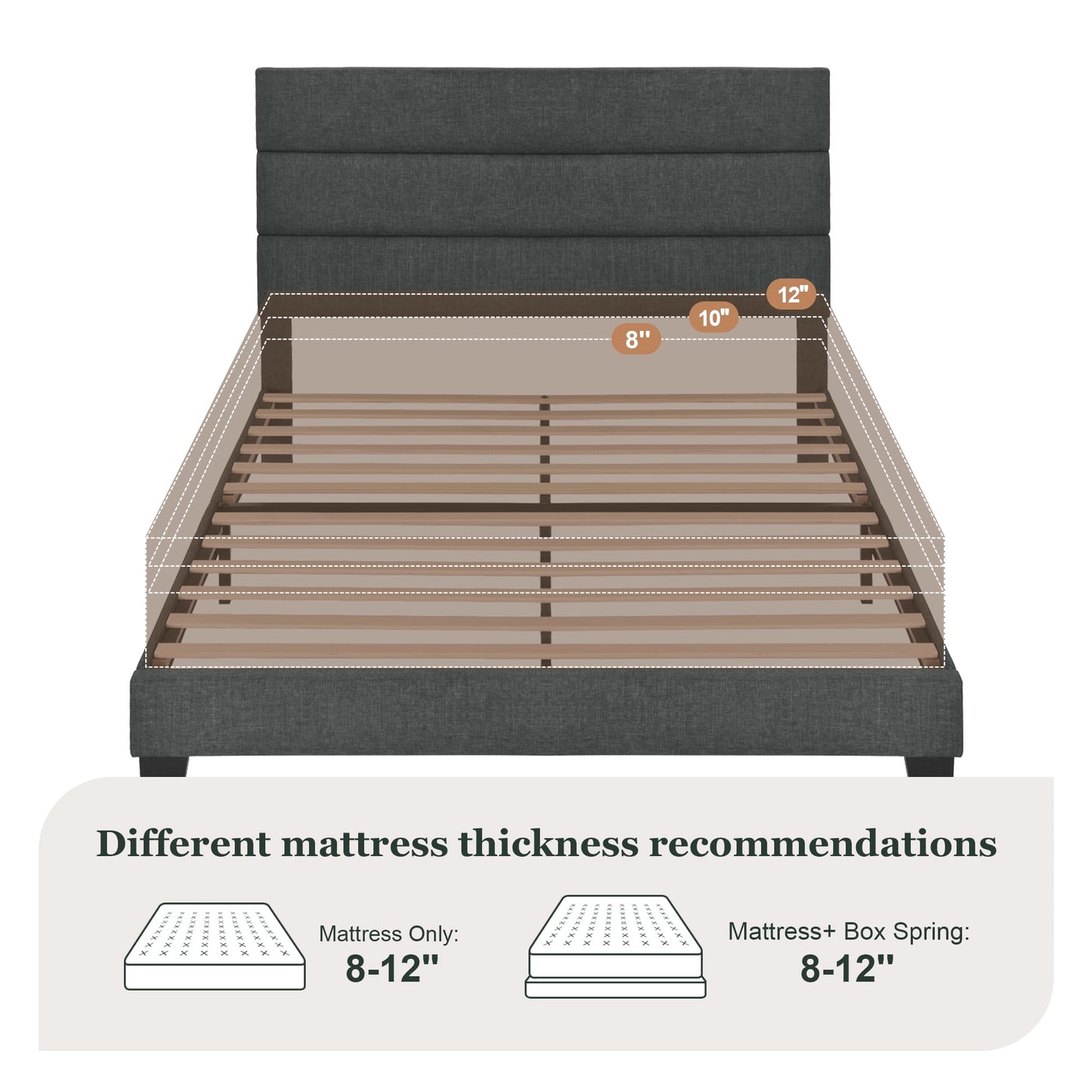 Amolife Platform Full Size Bed Frame with Fabric Upholstered Headboard, No Box Spring Needed, Strong Wooden Slats, Dark Grey