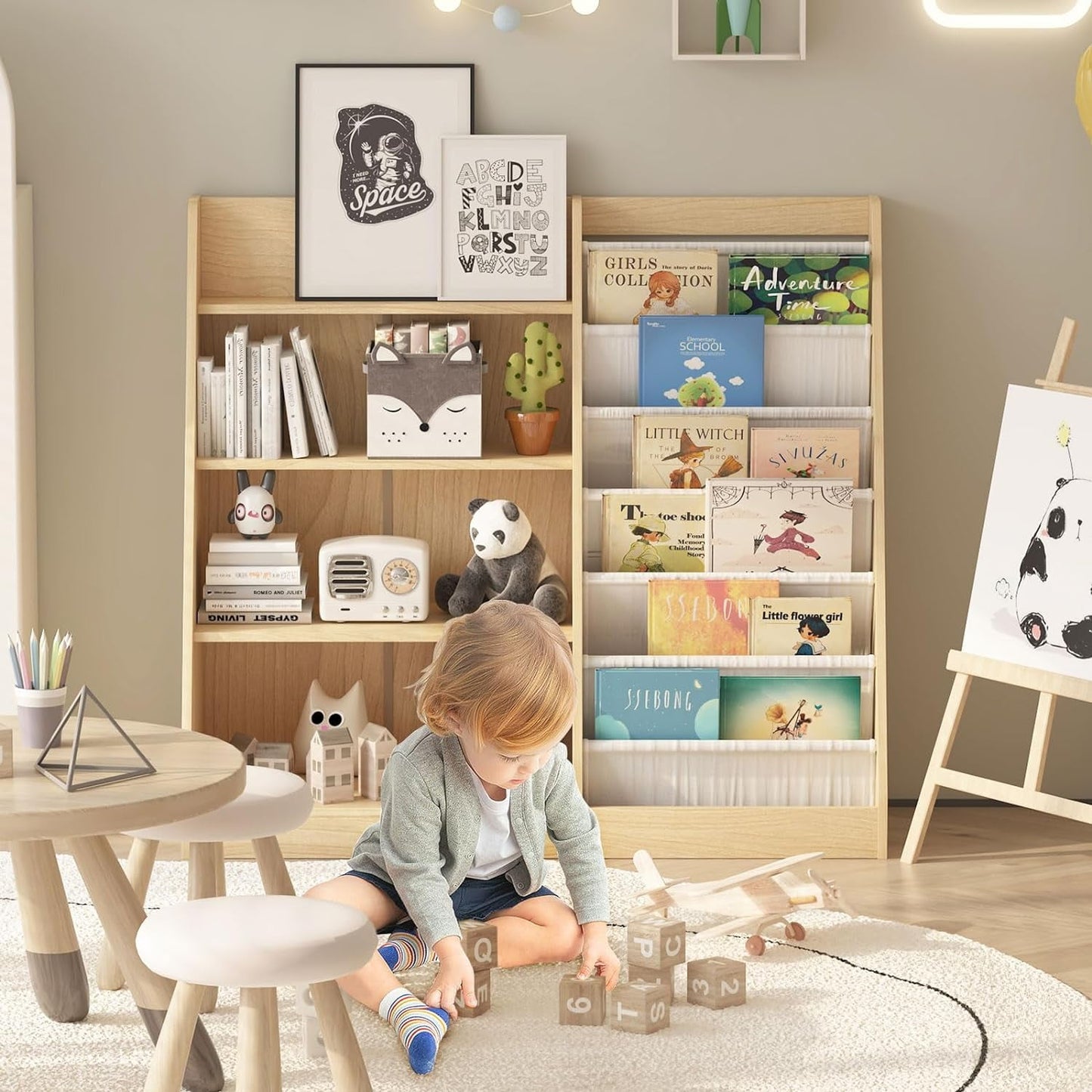 4 Tier Kids Bookshelf Baby Toddler Book Rack Children Bookcase Toy Storage Organizer with 6 Sling Adjustable Shelf for Nursery Playroom Classroom Library Bedroom Natural Wood