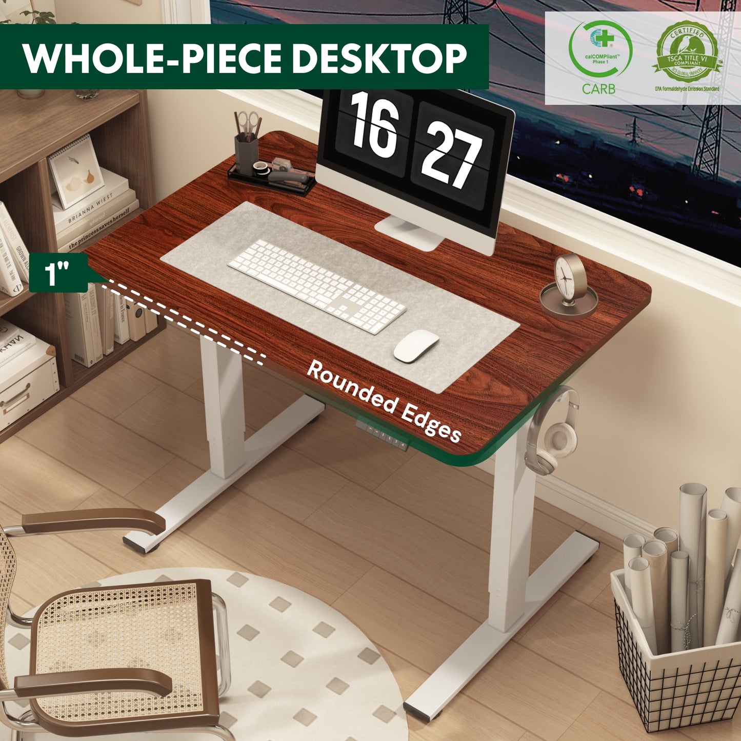 ACTIVESIT 40in x24in Home Office Height Adjustable Standing Desk with Hooks, Ergonomic Electric 2-Stage Stand Up Computer Desk, White and Mahogany