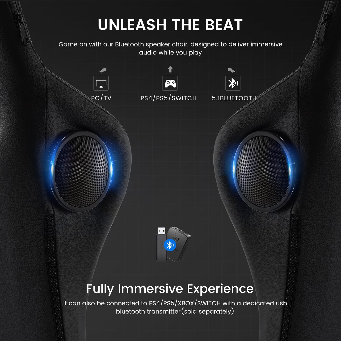 GTRACING GTW-100: Ultimate Reclining Gaming Chair with Bluetooth Sound, Adjustable Pillows, and Footrest, Black