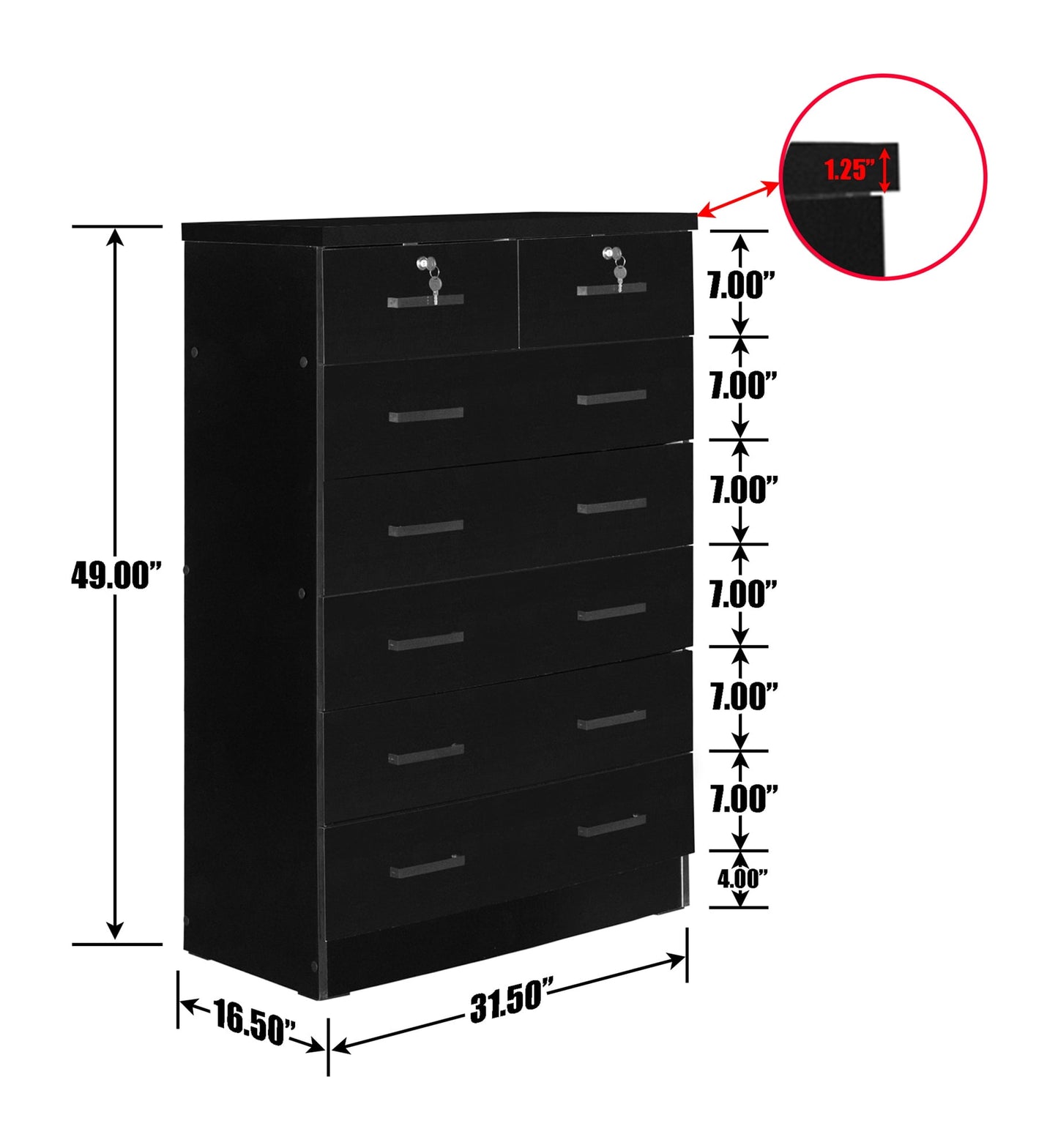 Home Furniture Cindy 7 Drawer Chest Wooden Dresser with Lock - Black