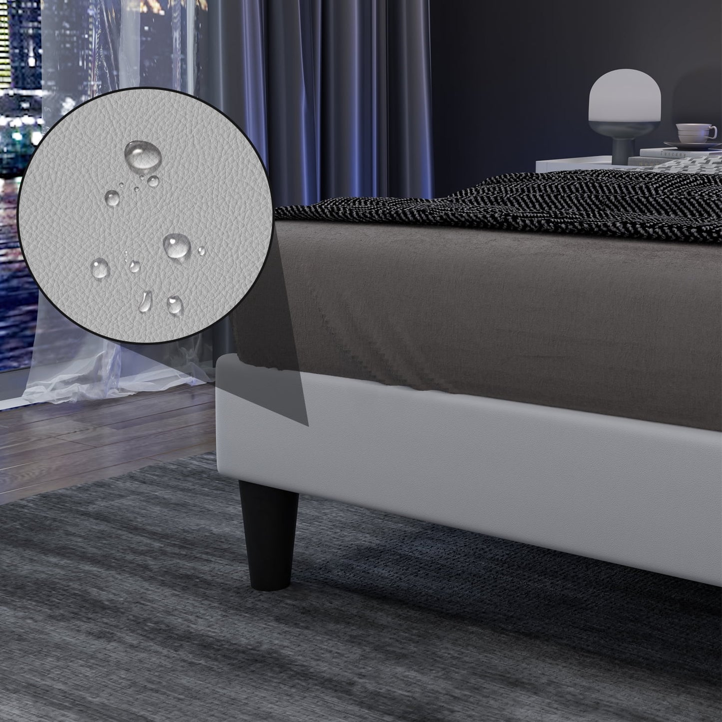 4 EVER WINNER LED Queen Size Bed Frame, White Queen Bed Frame with Led Light Headboard, PU Leather Upholstered Bed Frame, White