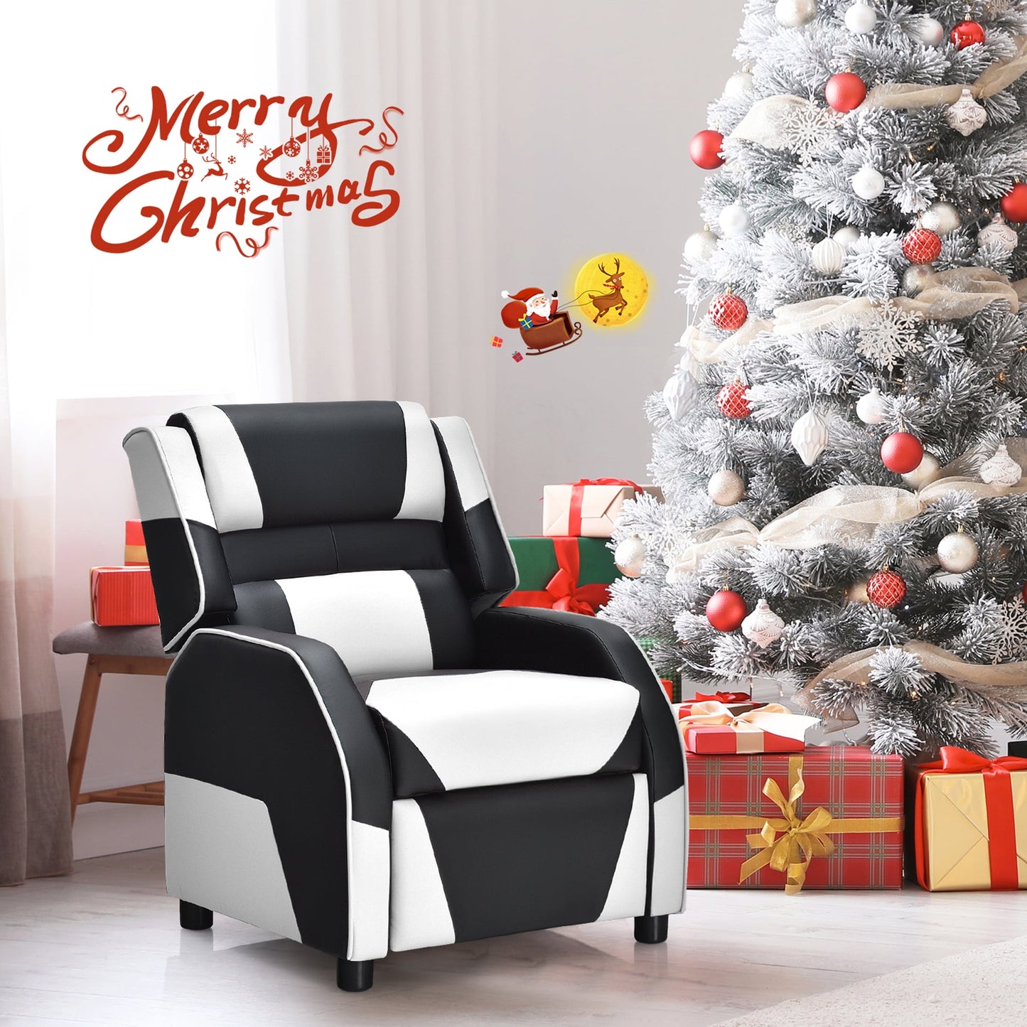 Gymax Gaming Recliner Sofa PU Leather Armchair for Kids Youth w/ Footrest White