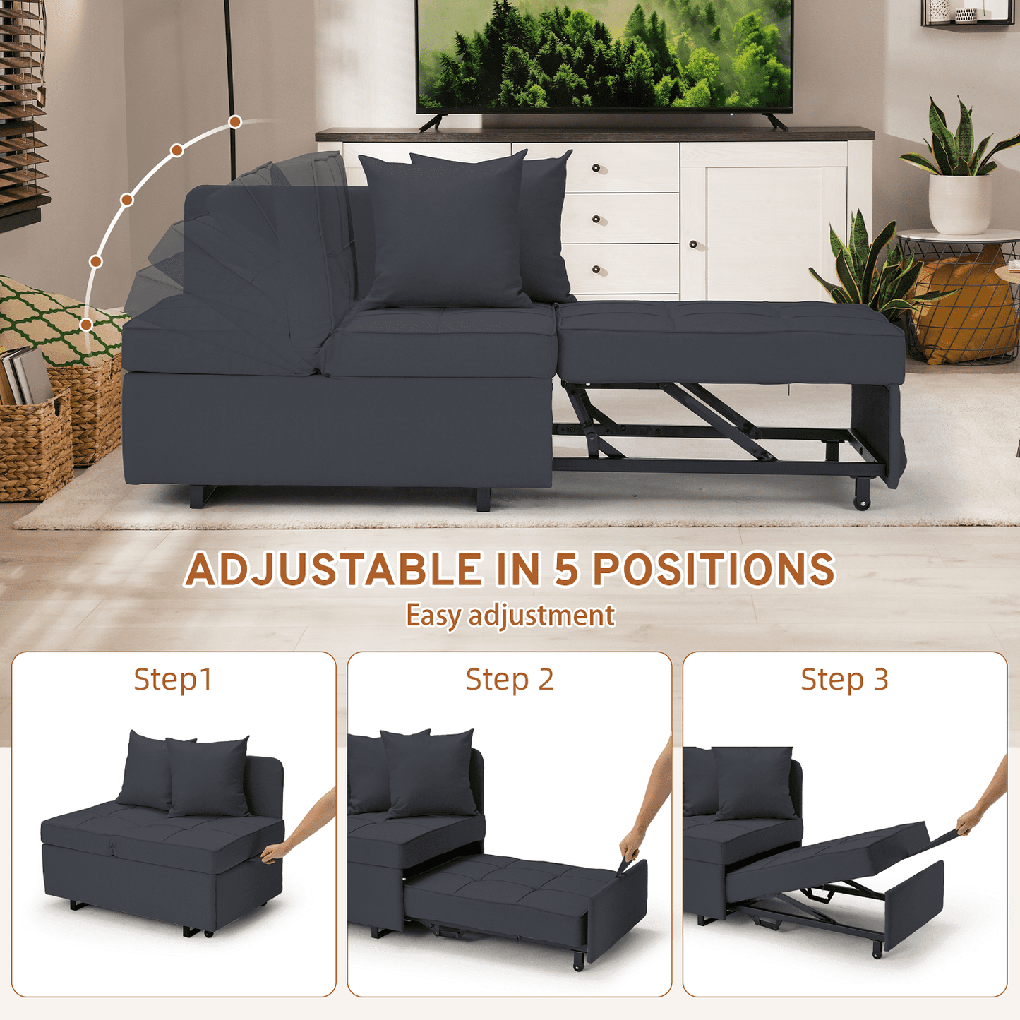 Hommow 3-in-1 Sleeper Sofa Chair Bed , 5-position Adjustable Backrest Pull Out Sofa Bed with Faux Linen Sofa Fabric, Fold Out Chair Bed for Living Rooms, Apartments, Small Rooms, Black