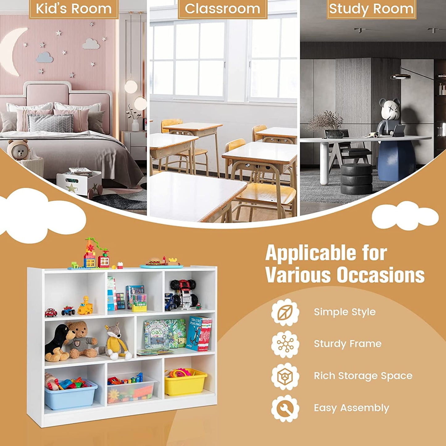 HOMEZY Kids Montessori Shelf, 8-Cube Wooden Toy Storage Organizer, 3 Tier Open Kids Bookshelf for Classroom, Bedroom & Playroom, White