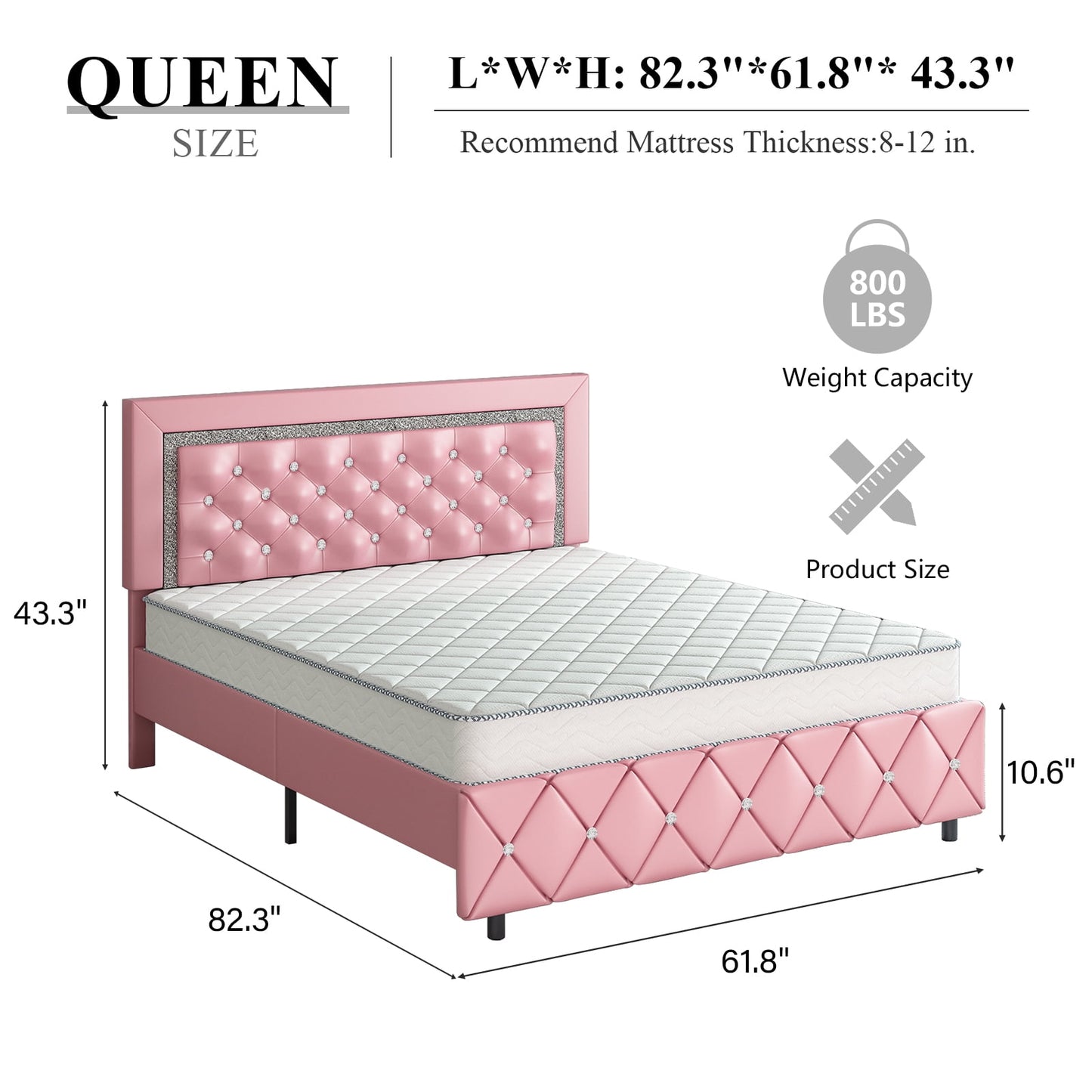 4 EVER WINNER Queen Bed Frame, Pink Queen Size Bed Frame with Headboard and Footboard, Pink