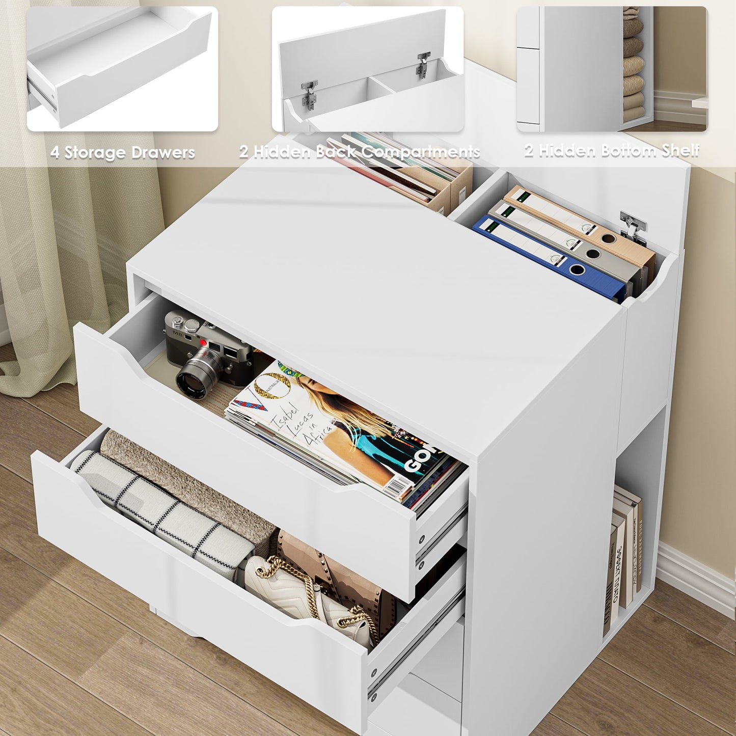 Homfa Dresser of 4 Drawers with Flip Top, Compact Nightstand Dresser Chest with Side Storage for Bedroom Living Room, White