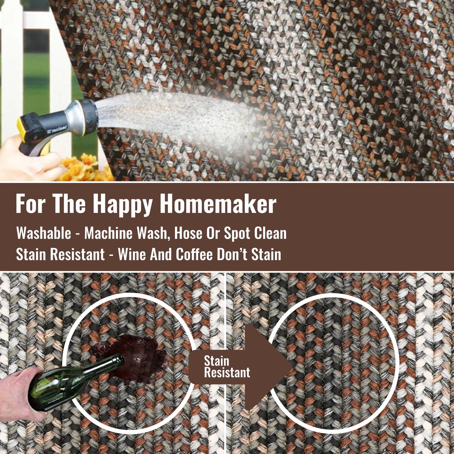 Homespice Midnight Moon Washable, Indoor-Outdoor, Pet Friendly Braided Area Rug, Reversible, Stain Resistant for Deck and Patio, Farmhouse, Rustic Modern Style, Grey - Black - Brown, 4' x 6'