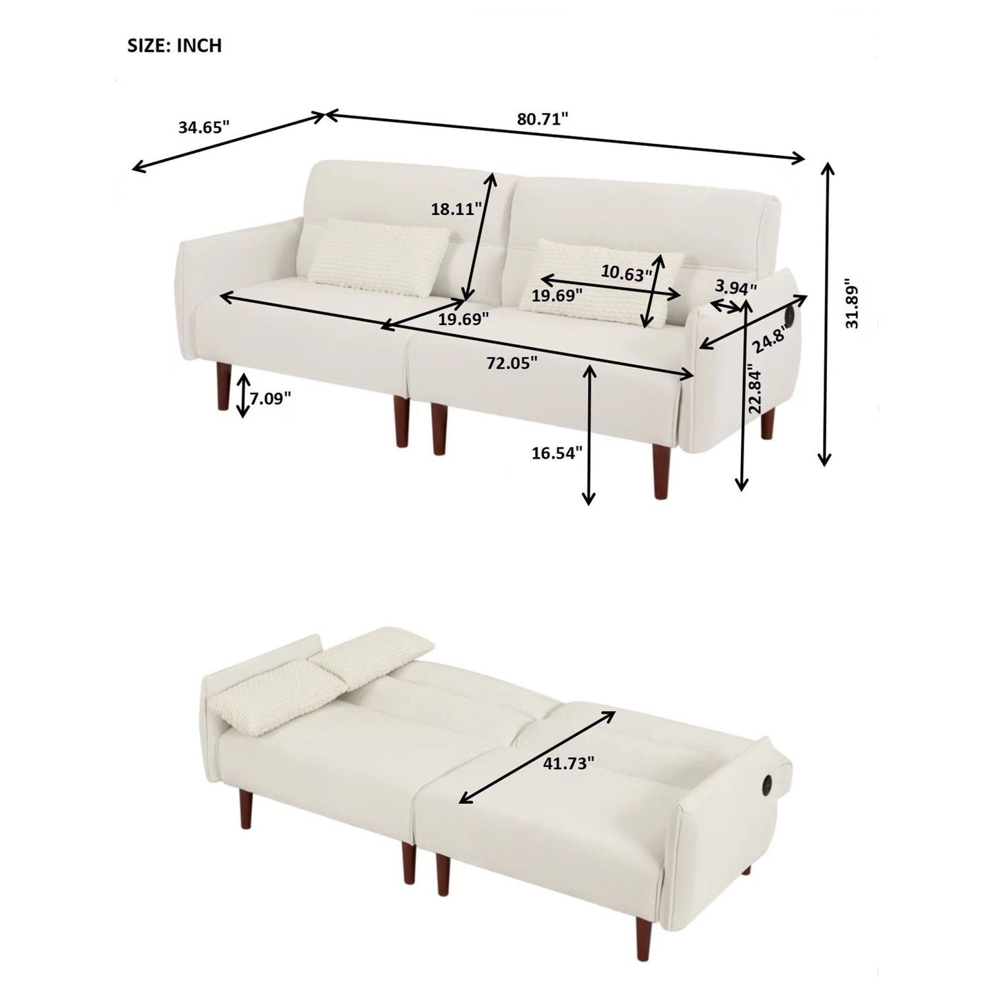 Aukfa 81in Oversized Futon Convertible Sofa Bed with USB Port for Living Room, 2 Pillows, Beige