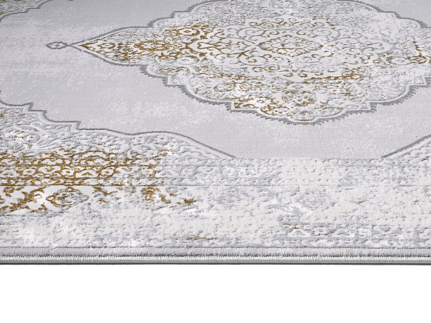 Allstar Rugs 9' 6in x 12' 6in Gainsboro Grey Traditional Persian Themed Polyester Area Rug with a Gold Bijar Design and Ivory Accents. Machine-Made in Turkey.