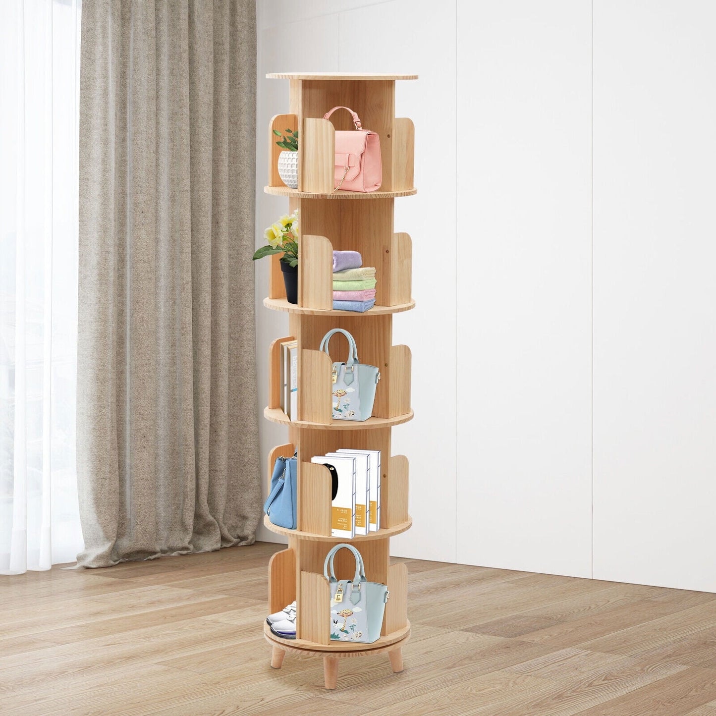 5 Tiers Rotating Bookshelf 360 Display Book Shelf,Wood Narrow Bookshelf Organizer, Multi-Functional Floor Stand Storage Rack