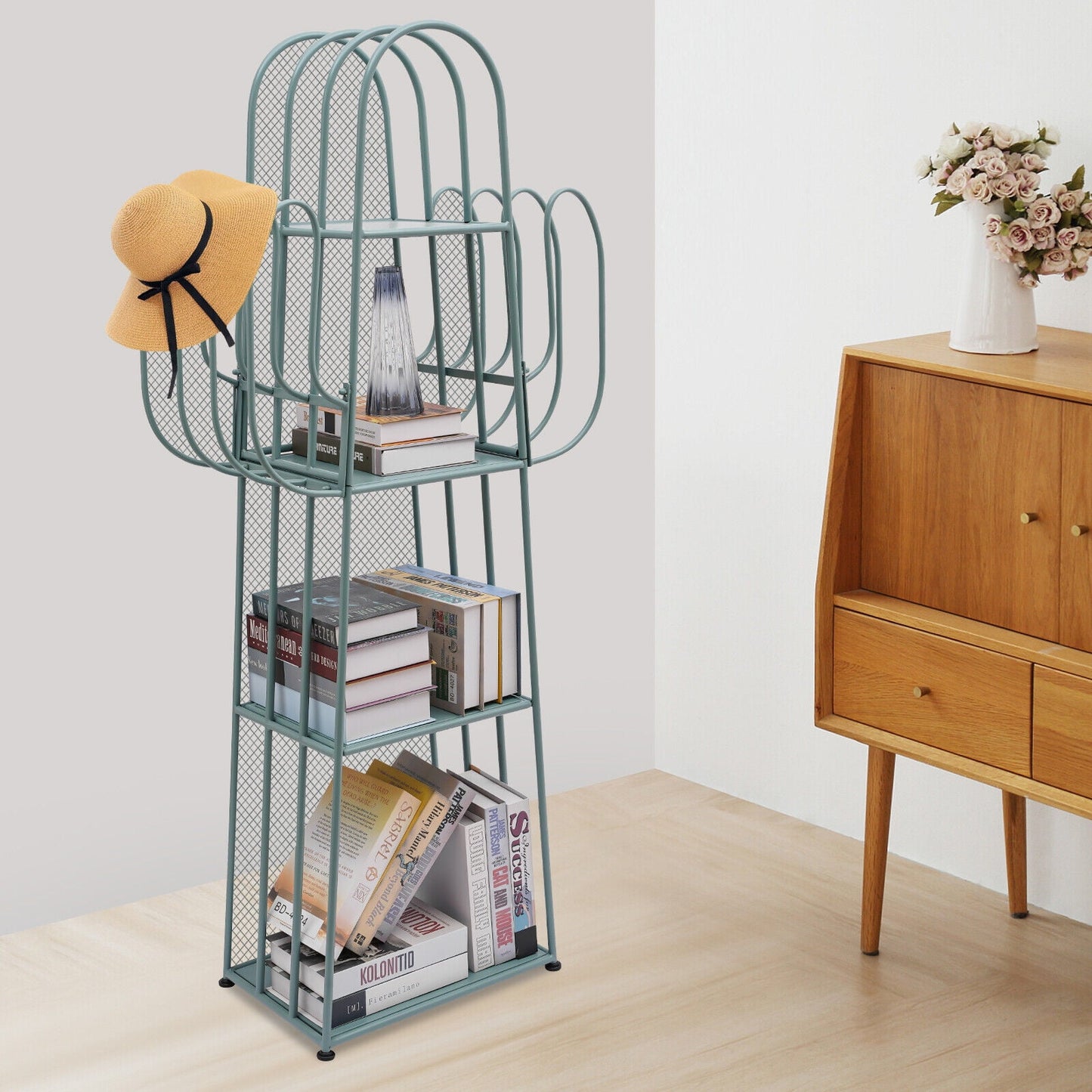 4 Tier Cactus Shape Bookcase, Iron Bookshelf Storage Rack Shelf, Living Room Sundry Shelf, Flower Stand with 8 Hooks, Bedroom Bookshelf for Kids & Adults