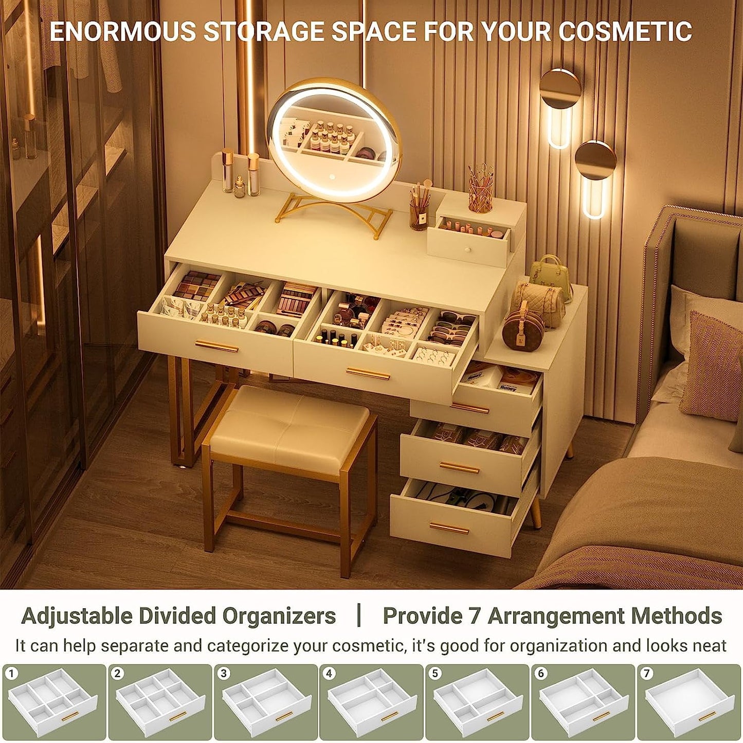 Homieasy Modern Makeup Vanity Set, White Desk with Lights, Mirror, 6 Drawers & Cushioned Stool