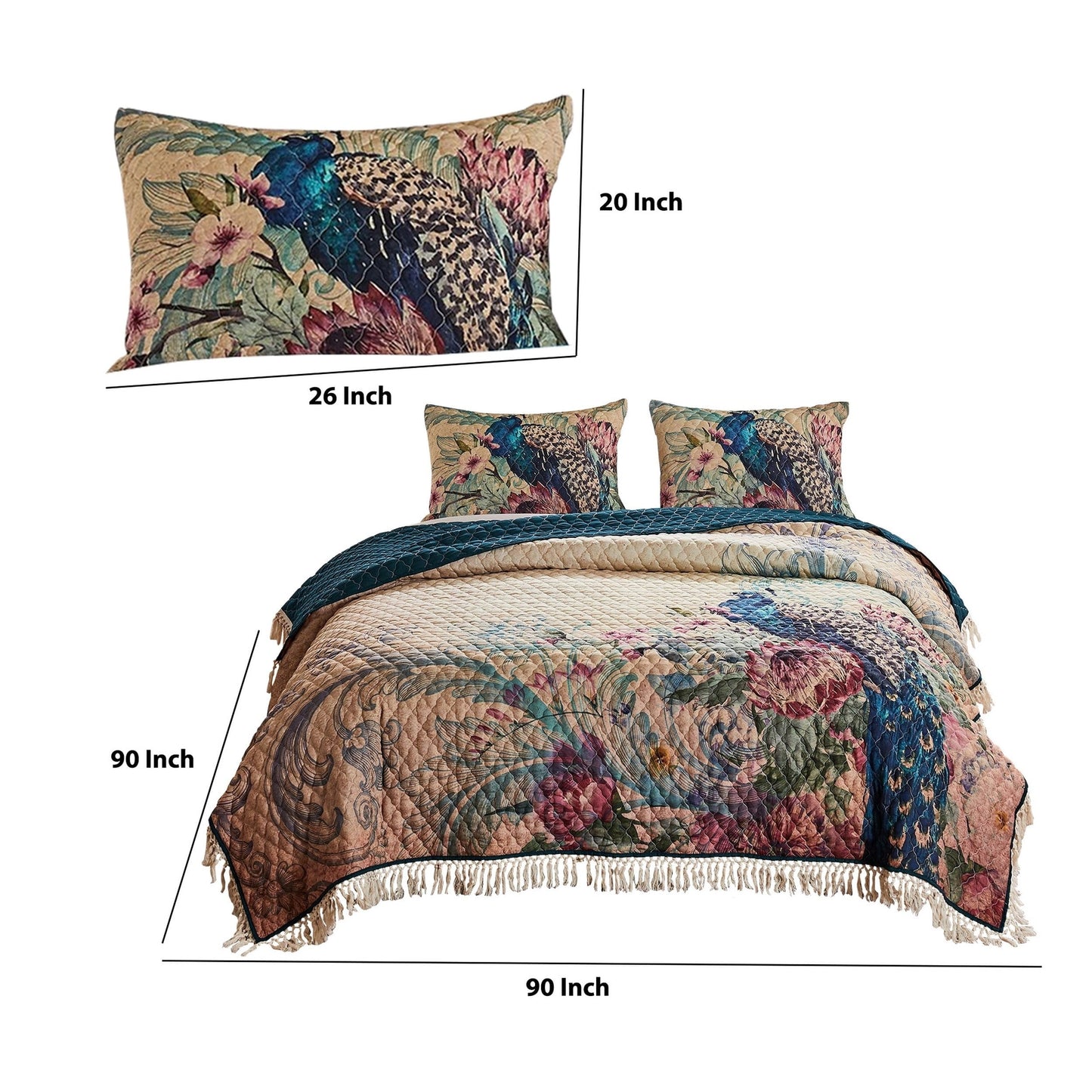 3 Piece Queen Size Quilt Set with Floral Print and Crochet Trim, Multicolor