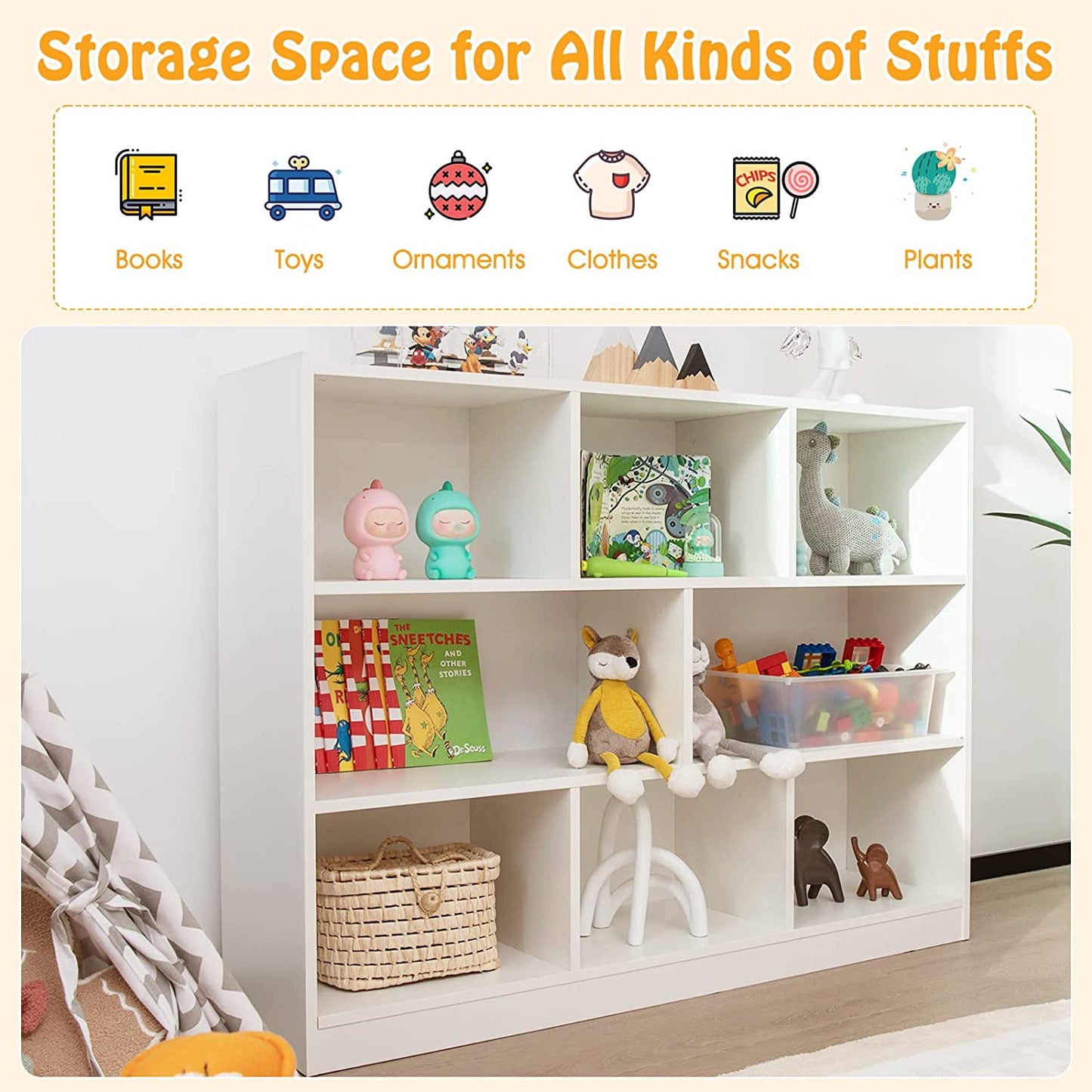 HONEY JOY Kids Storage Organizer, 8-Section Wooden Display Shelf for Classroom, Playroom, Nursery, Kindergarten