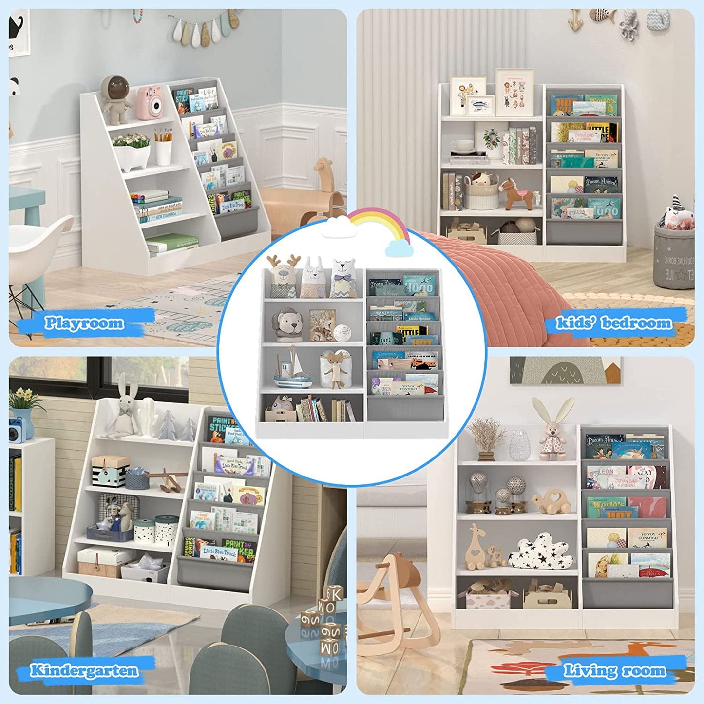 4 Tier Kids Wooden Bookshelf, 5 Layer Sling Toddler Bookcase,Baby Storage Book Rack,Book and Toy Organizer Cabinet,Children Book Display,Playroom Nursery Classroom Kid Room