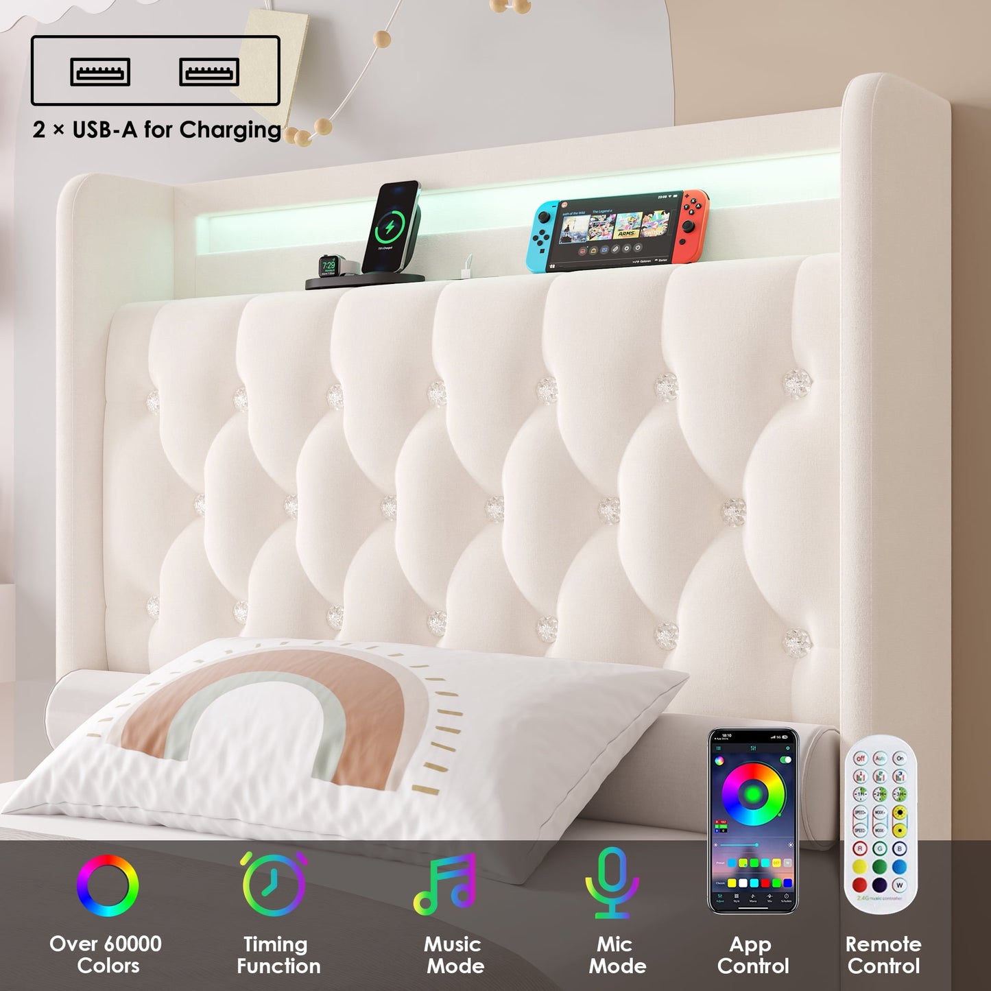 Homfa Twin Size LED Bed Frame with Outlets and USB Ports, 4 Storage Drawers Modern Wingback Crystal Button Tufted Velvet Upholstered Platform Bed Frame, Pink