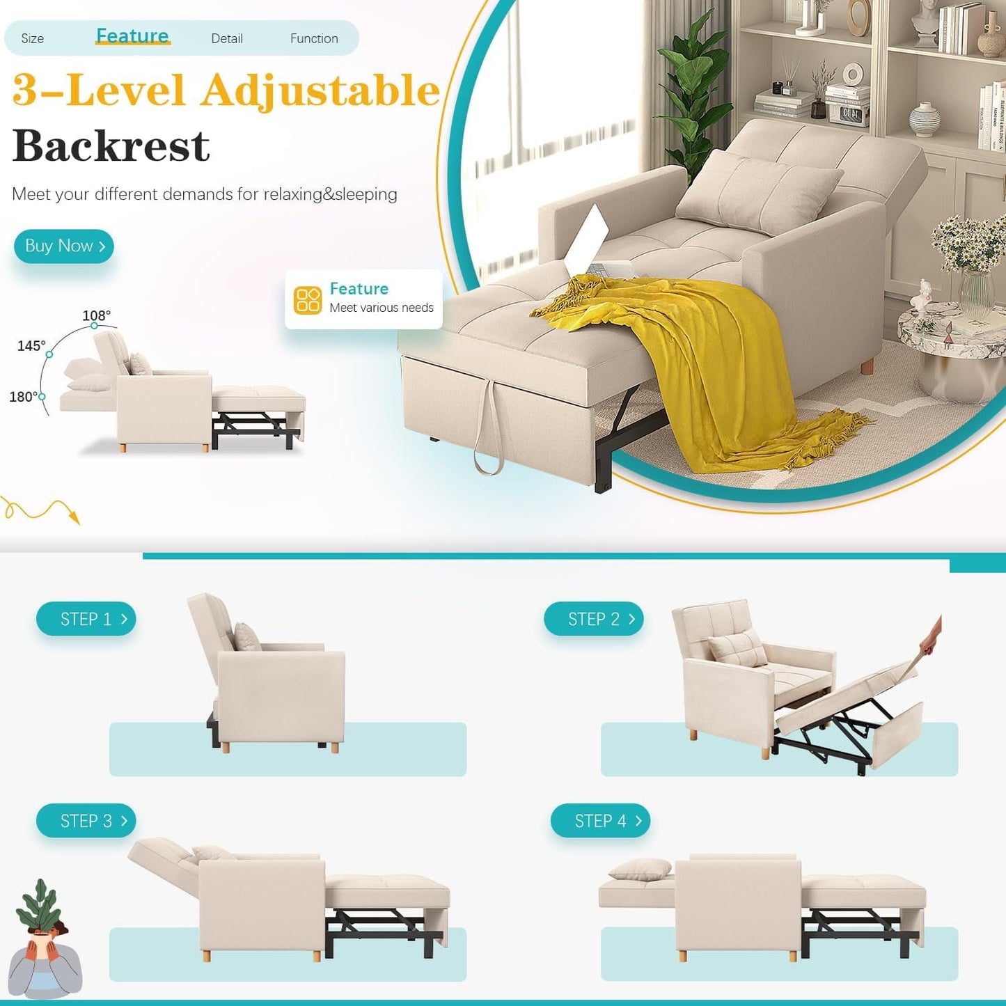 AECOJOY Sleeper Sofa Chair, 3 in 1 Sleeper Chairs for Adults, Fold Out Chair Bed with Pillow and Convertible Backrest, Multi-Functional Reading Chair for Small Space (Cream Beige)