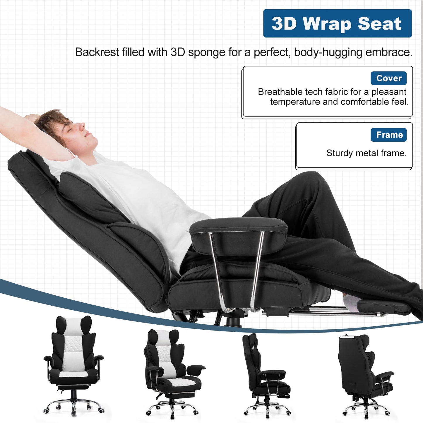GTRACING Gaming Chair Ergonomic Executive Cozy Fabric Office Chair with Footrest, Black&Gray