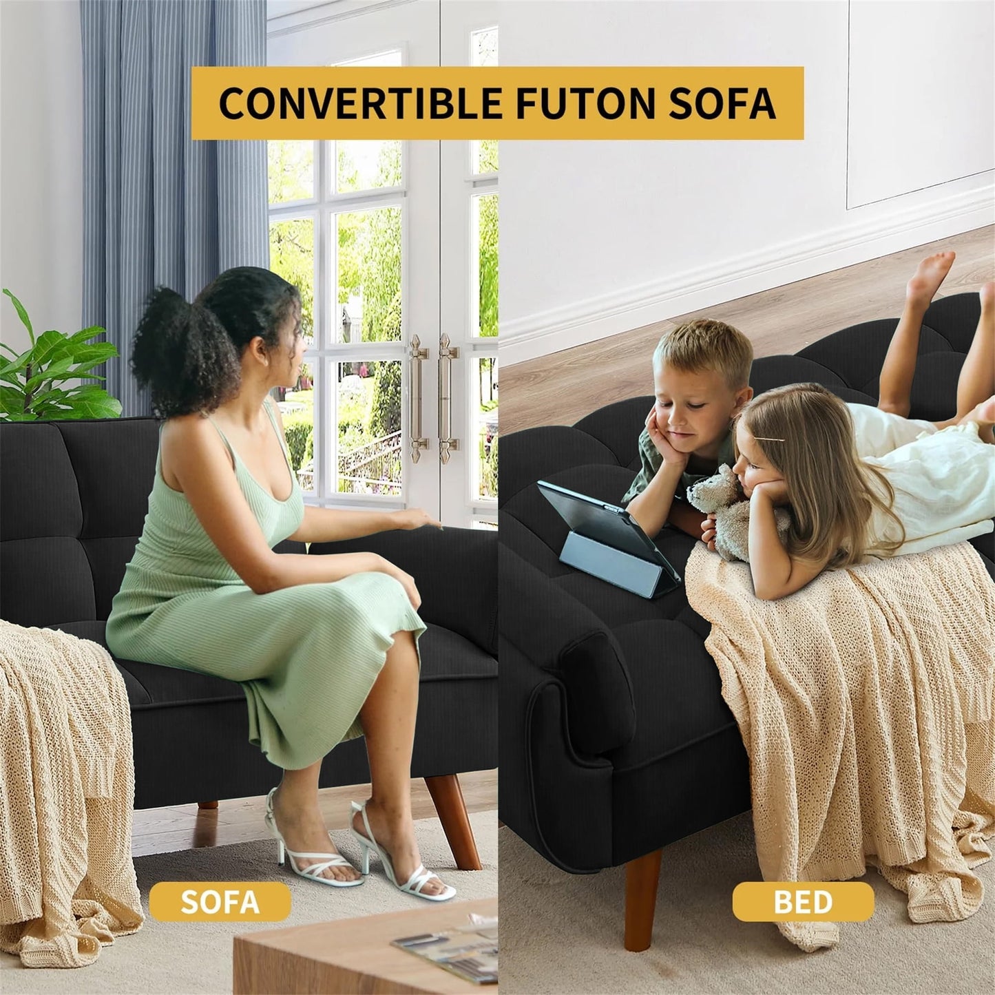 Aukfa 75in Flared Arm Futon Convertible Sofa Bed, Curved Sleeper Sofa for Home Office, Corduroy, Black