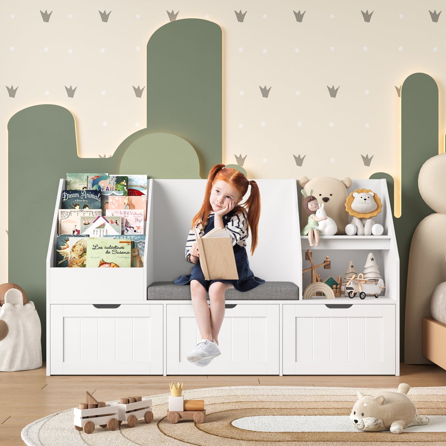 Homfa Kids Bookshelf with Reading Nook & 3 Movable Drawers, 2 Cube Bookcase with 4-Tier Book Racks, Toy Storage Organizer for Playroom Bedroom, White