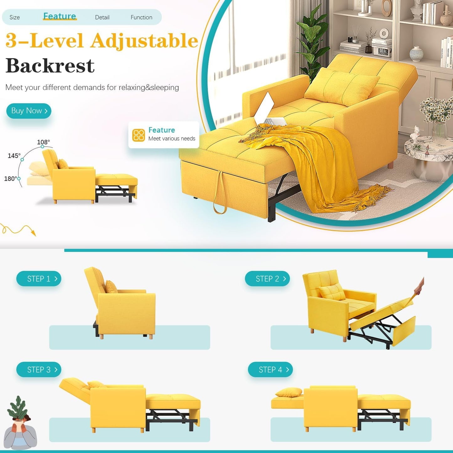 AECOJOY 3-in-1 Sleeper Sofa Chair, Luminous Yellow, Foldable Indoor Lounger, Pull Out Convertible Bed