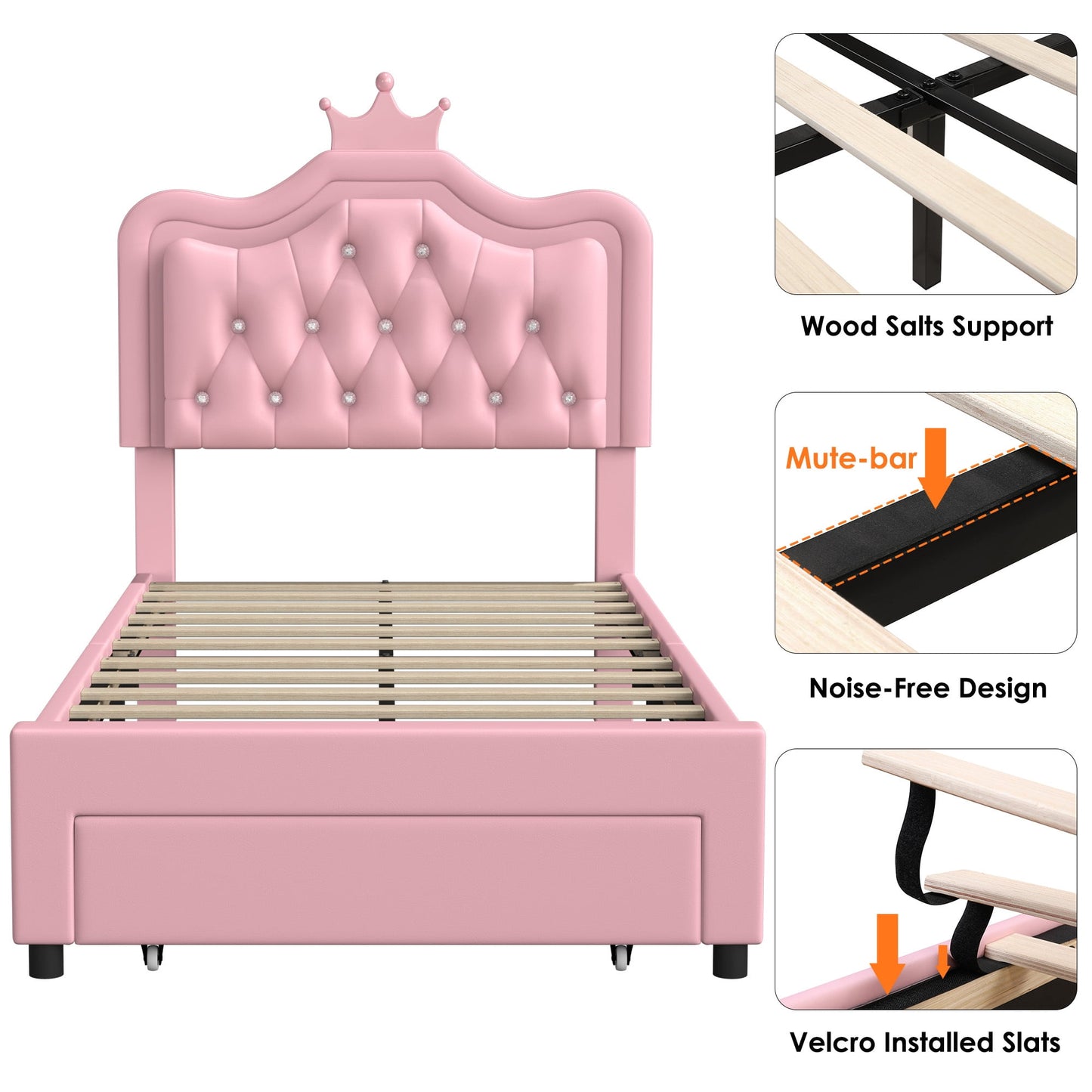 Homfa Twin Size LED Bed Frame with Storage Drawer, PU Leather Crown Platform Bed with Crystal Tufted Upholstered Adjustable Headboard, Pink