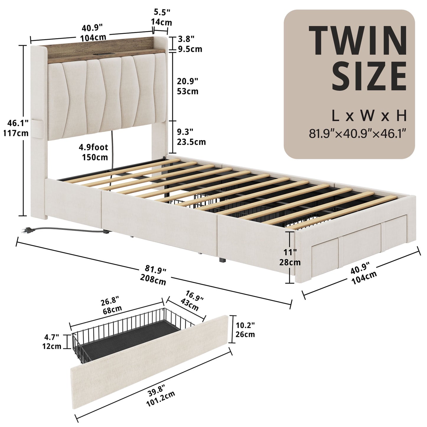 ANCTOR Twin Bed Frame with 3 Drawers, Upholstered Headboard, USB Shelf, No Box Spring, Easy Assembly