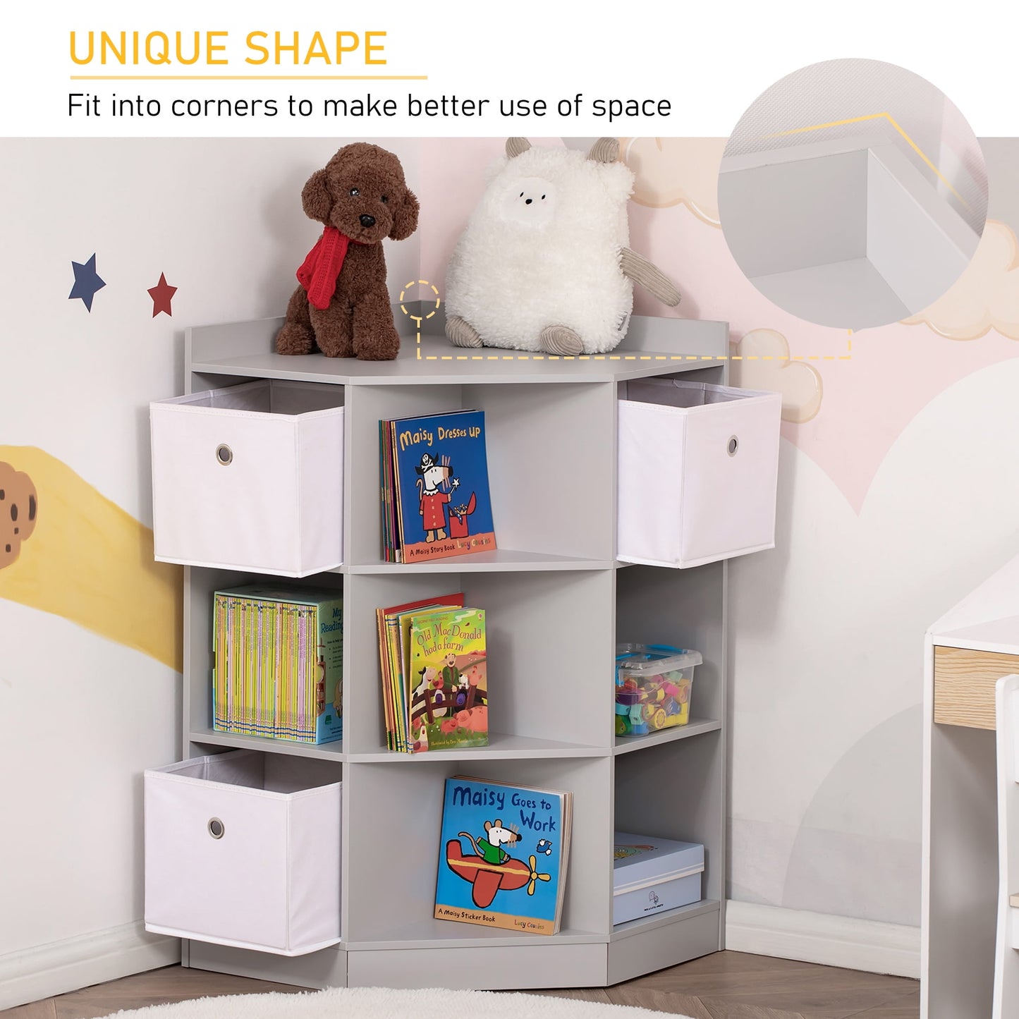 HOMCOM Kids Corner Toy Organizer with 9-Cubby Storage Shelves, Grey - Ideal for Children's Small Playroom and Room