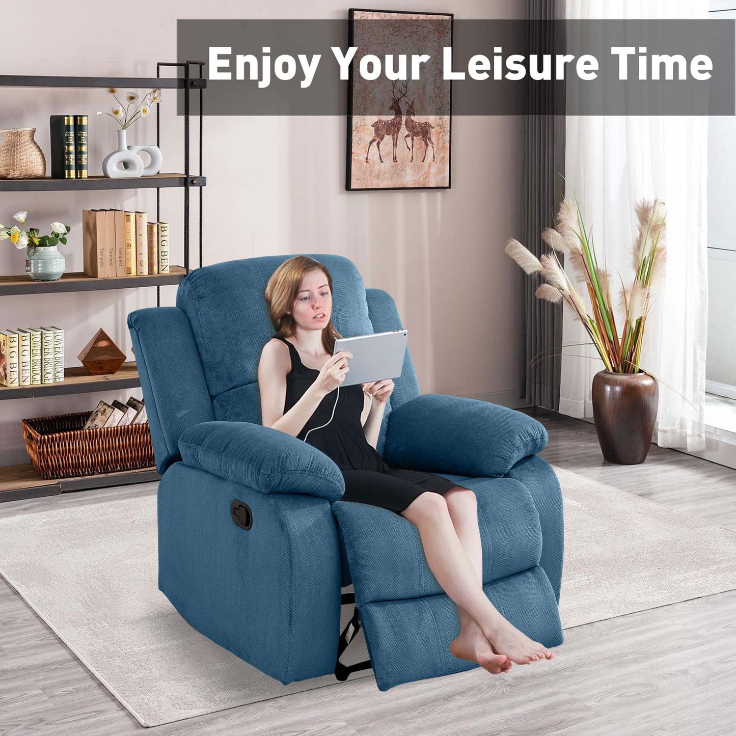 Aukfa 38in Wide Manual Recliner Chair, Overstuffed Single Sofa for Home Office, Flannel, Blue