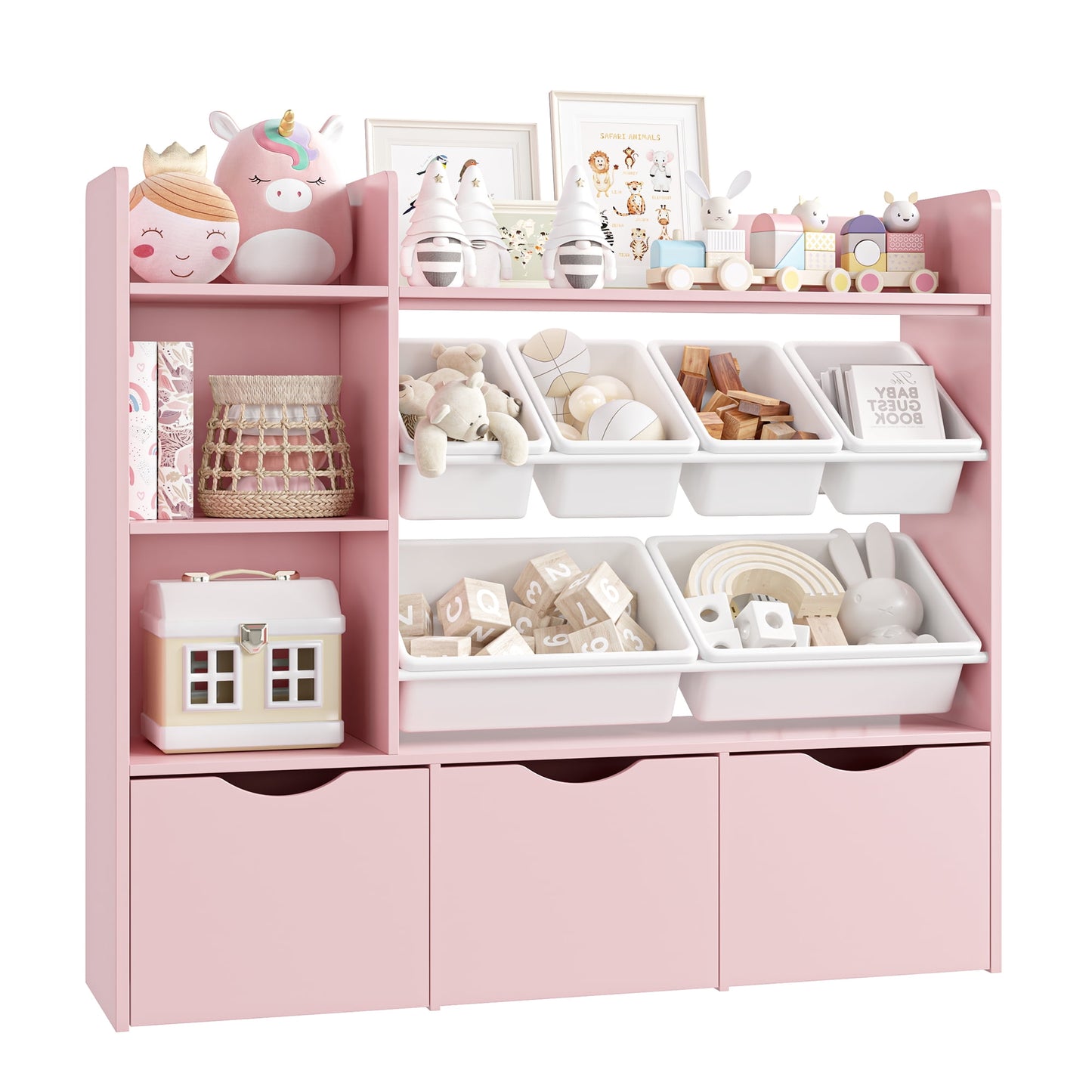 Homfa Kids Bookcase with 6 Storage Bins, Multi-Purpose Toy Organizers Bookshelf with 3 Drawers for Bedroom Nursery Playroom, Pink