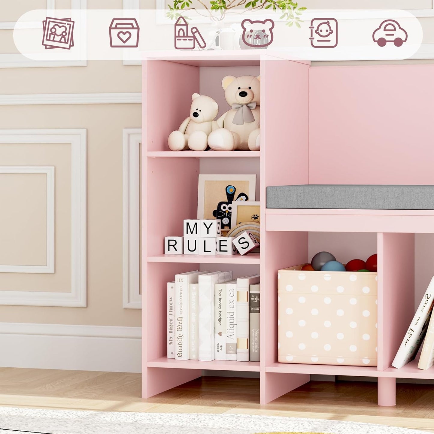 HOUSUIT 43.3in Kids Reading Nook Bench, Nursery Bookshelf and Bookcase with Seat Cushion, 6-Cubby Book Shelf Storage Organizer for Playroom, Bedroom, Living Room, Entryway, White