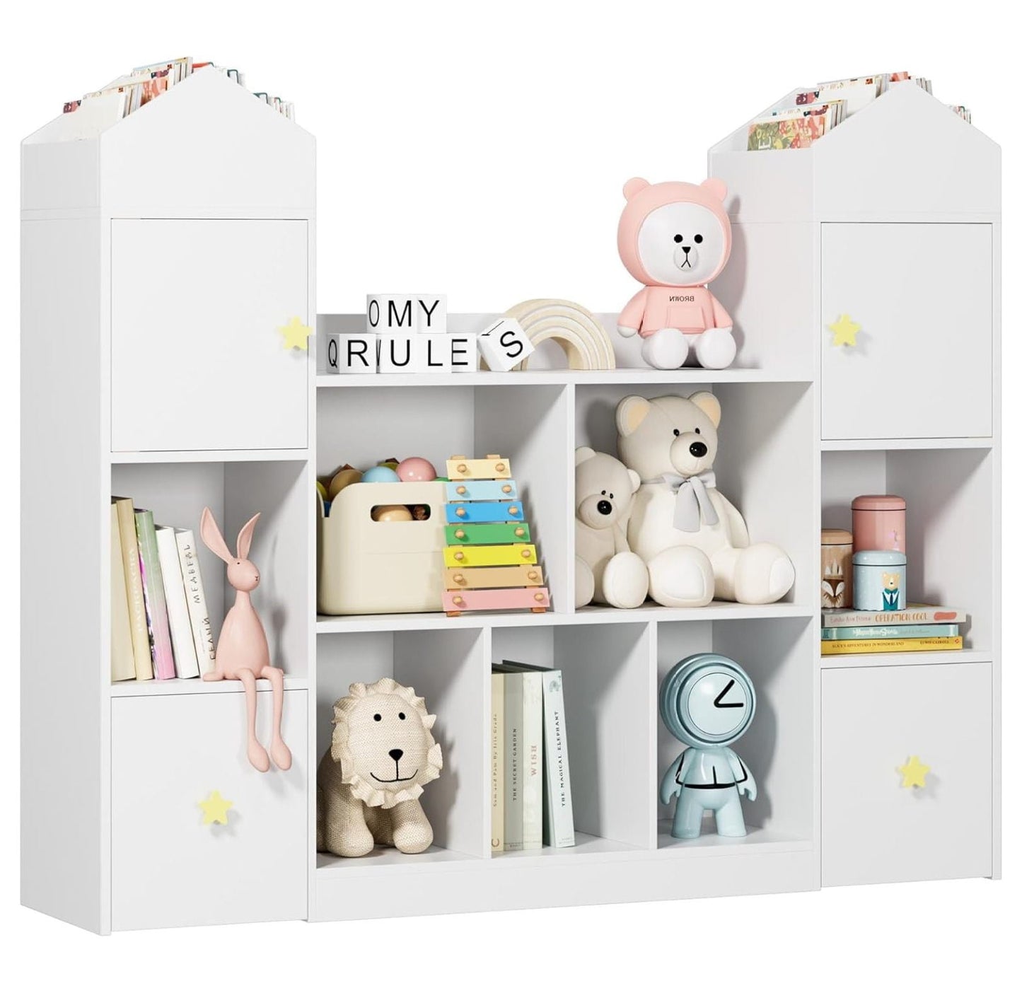 54.5' Toy Storage Organizer, Toy Organizers and Storage Toy Chest with 9 Storage Cubbies and 2 Moveable Drawers, Kids Bookshelf Kids Bookcase with Hidden Wheels for Playroom Bedroom