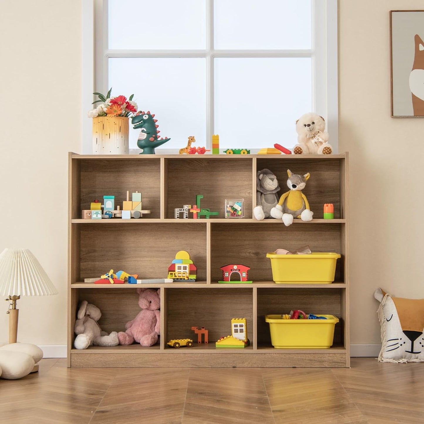 HOMEZY Kids Montessori Shelf, 8-Cube Wooden Toy Storage Organizer, 3 Tier Open Kids Bookshelf for Classroom, Bedroom & Playroom, Natural