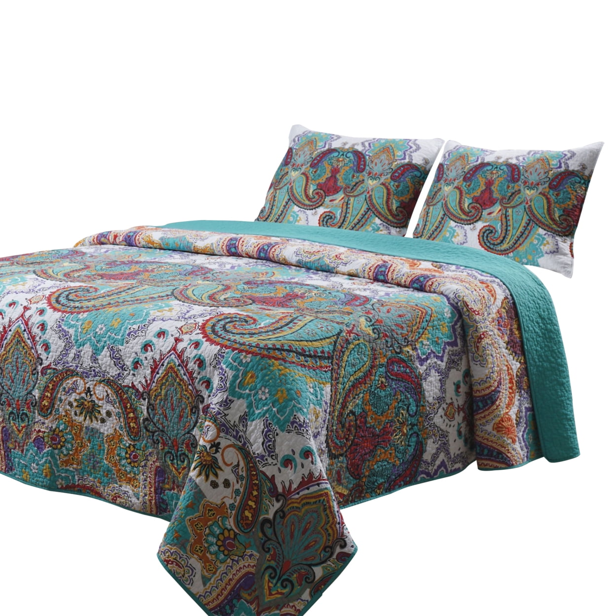 3 Piece King Size Cotton Quilt Set with Paisley Print, Teal Blue- Saltoro Sherpi