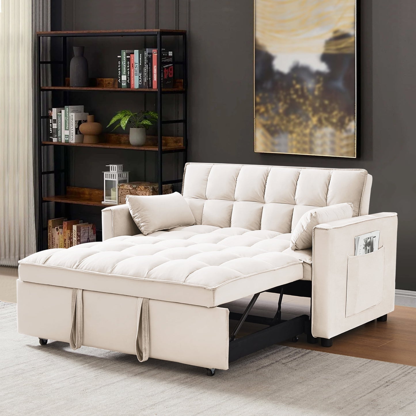 55 Inch Convertible Futon Sofa Bed,Modern Loveseat Sleeper Sofa Couch with Pull-Out Sofa Bed for Living Room,Small Space - Beige