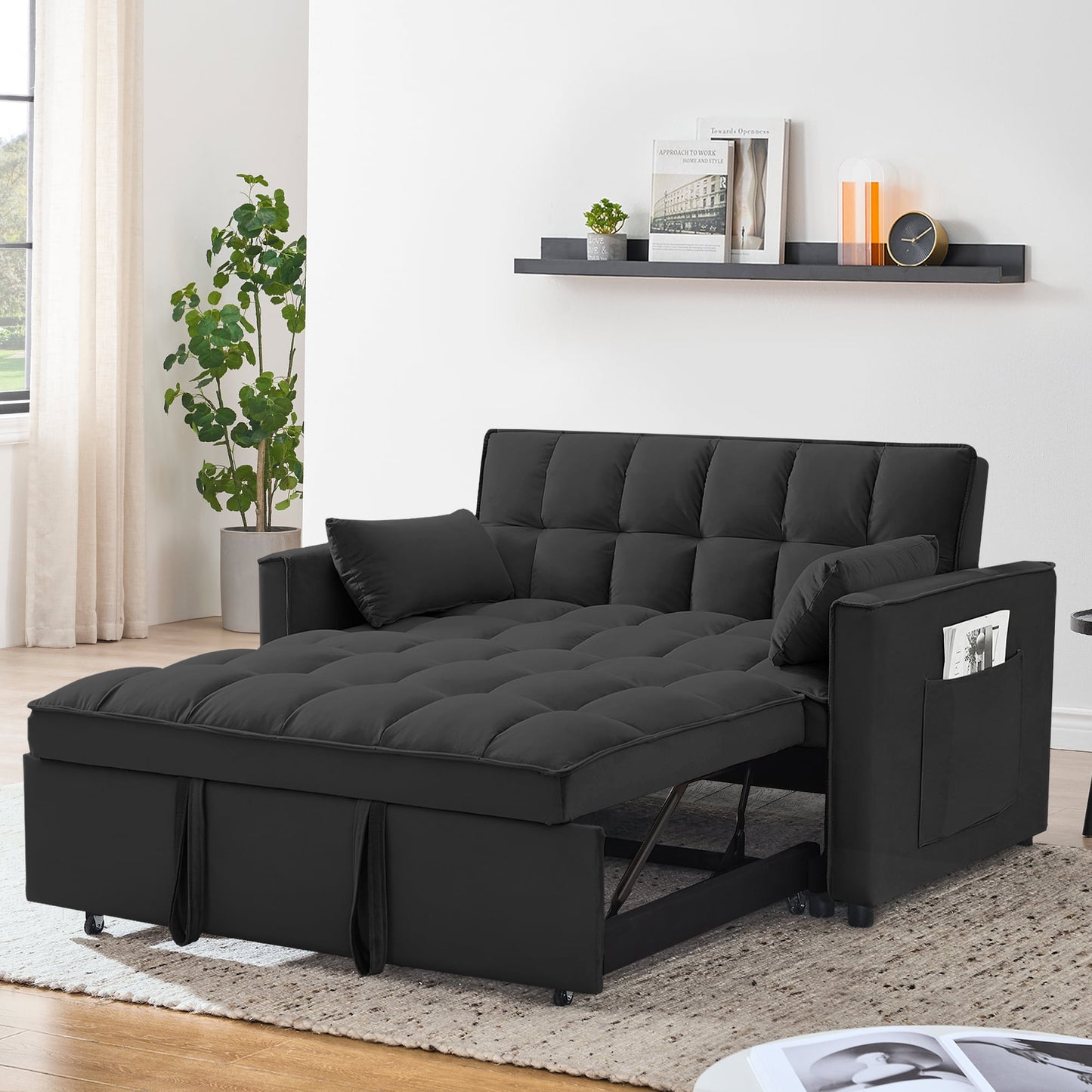 55 Inch Convertible Futon Sofa Bed,Modern Loveseat Sleeper Sofa Couch with Pull-Out Sofa Bed for Living Room,Small Space - Black