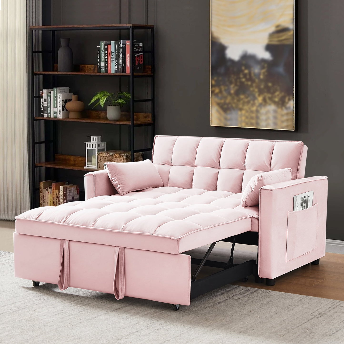 55 Inch Convertible Futon Sofa Bed,Modern Loveseat Sleeper Sofa Couch with Pull-Out Sofa Bed for Living Room,Small Space - Pink