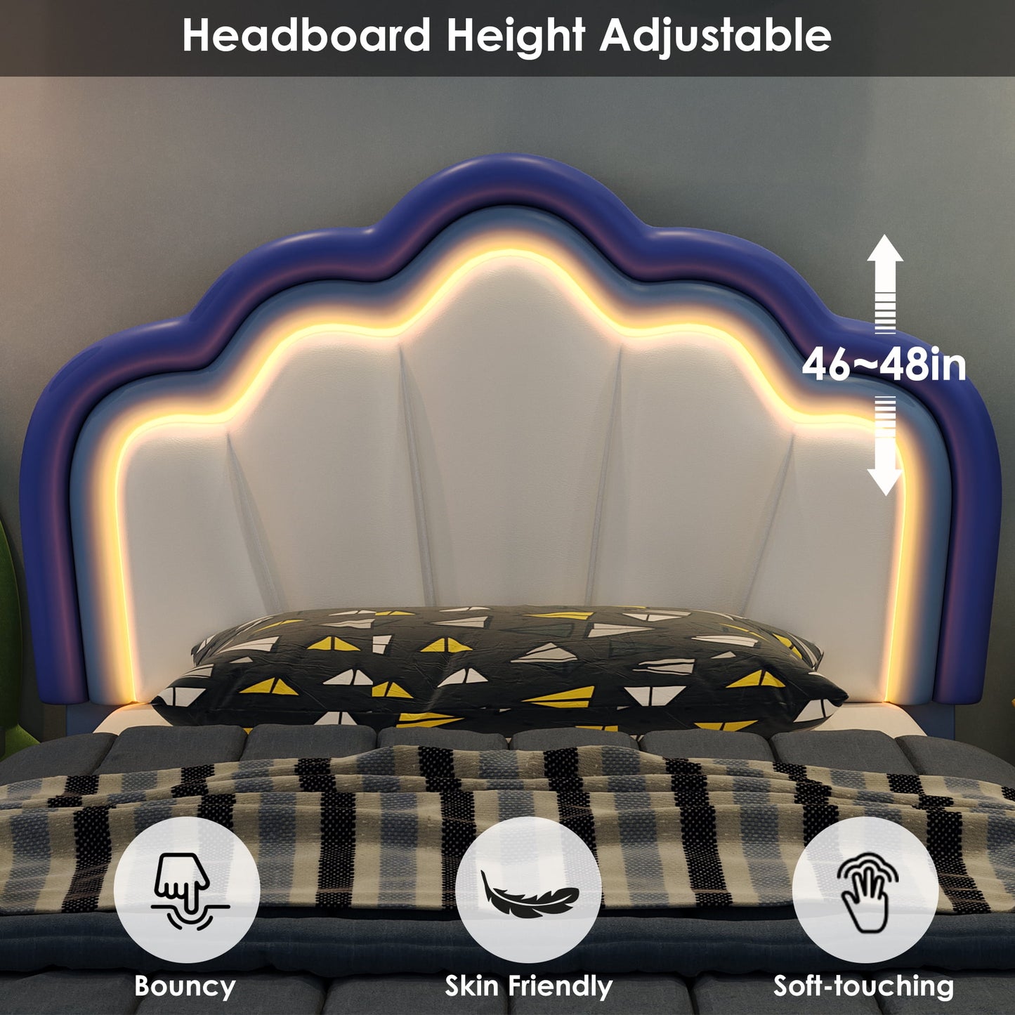 Homfa Twin Size LED Bed Frame with Drawer, PU Leather Upholstered Platform Bed with Adjustable Petal Headboard for Kid, Blue