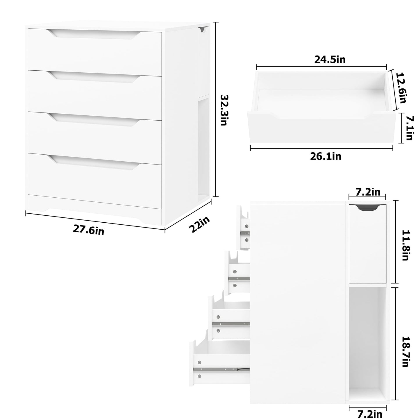 Homfa Dresser of 4 Drawers with Flip Top, Compact Nightstand Dresser Chest with Side Storage for Bedroom Living Room, White
