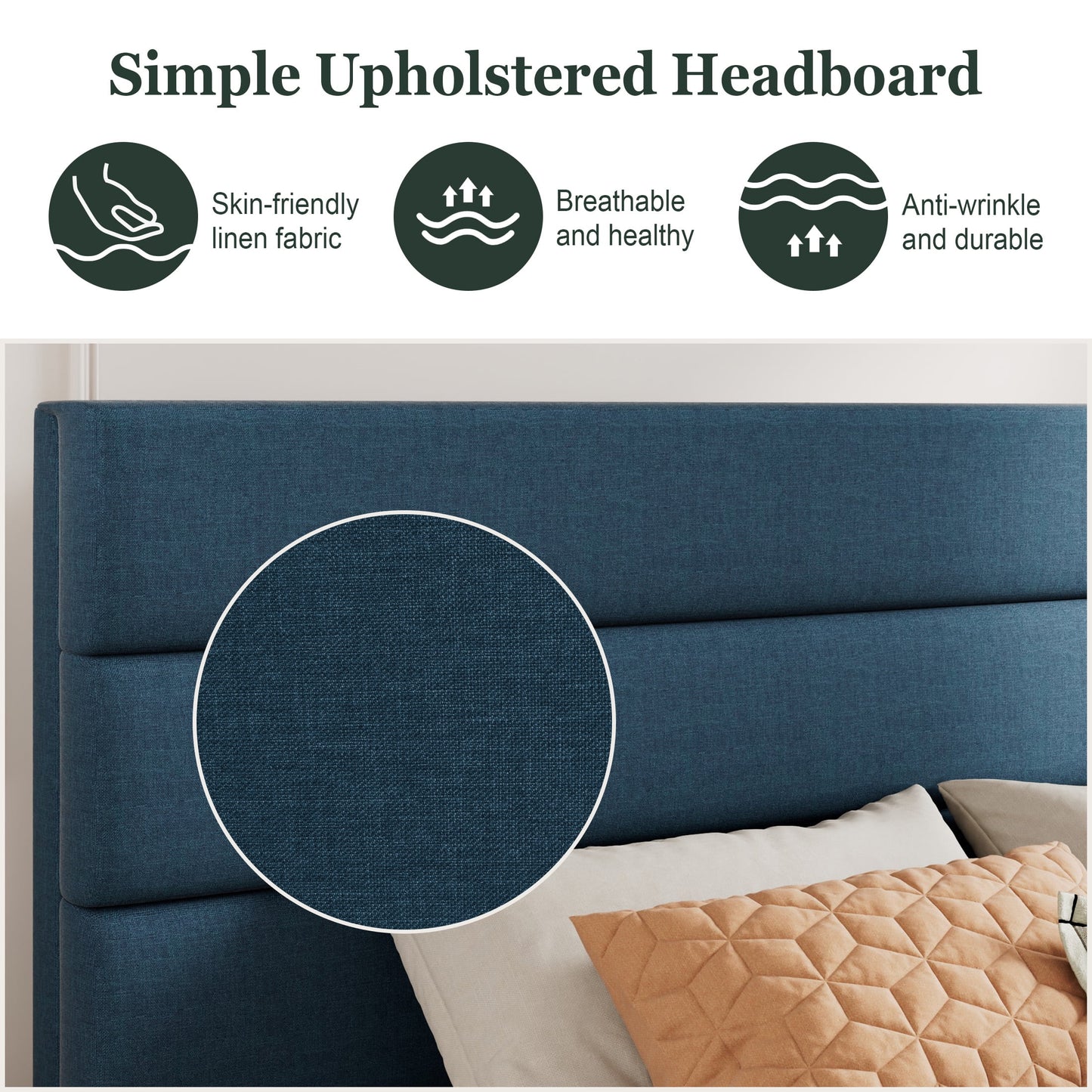 Amolife Upholstered Queen Size Platform Bed Frame with Headboard, No Box Spring Needed, Navy Blue