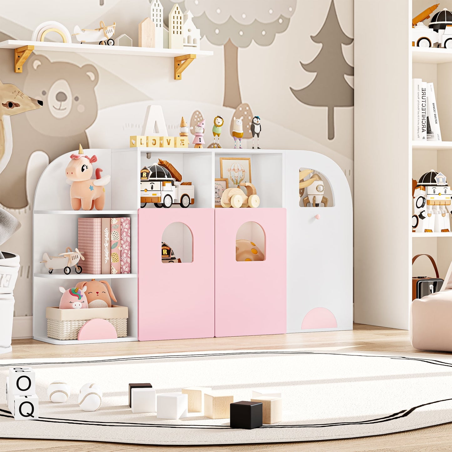 Homfa Multifunctional Kids Bookcase with Door, 6 Shelves & Toy Storage Cube, White and Pink